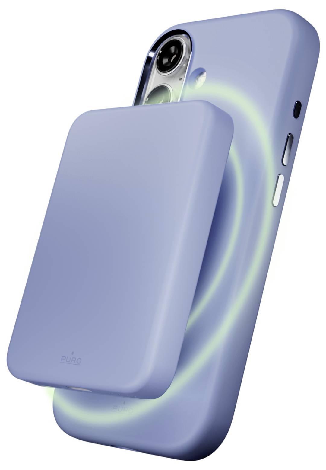 Světle modrý telefon s odpovídajícím magnetickým pouzdrem na baterii připevněným na zadní straně, vyzařující zeleně zářící kruh indikující nabíjení.
