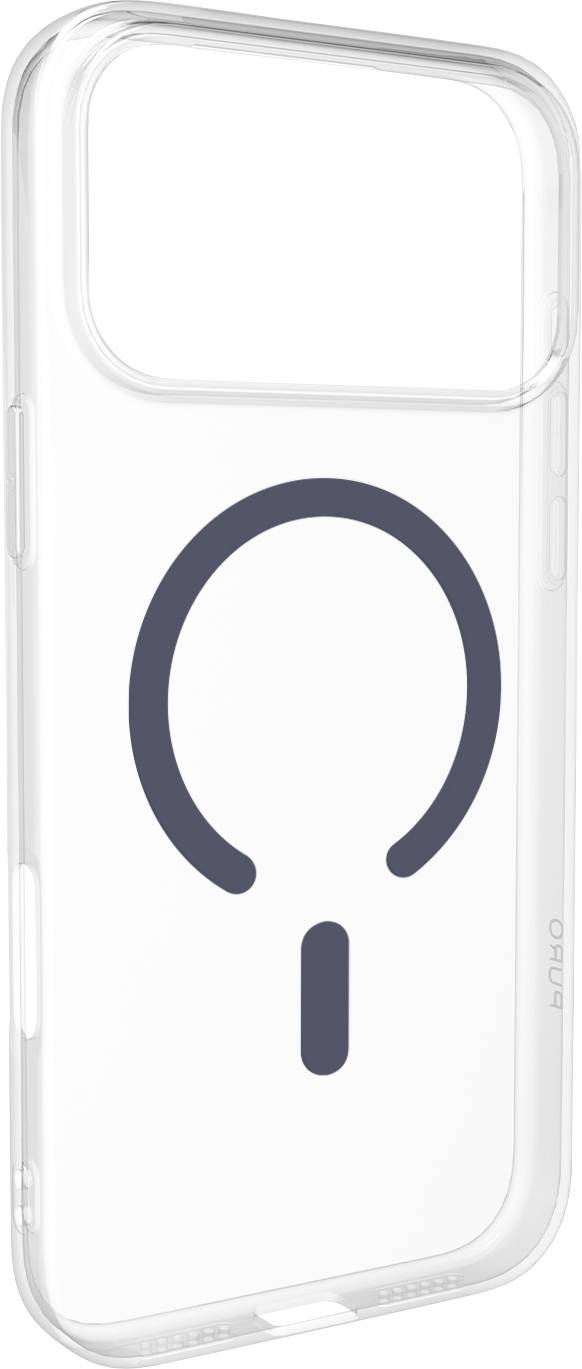 Průhledné pouzdro na telefon s tučným kulatým a vertikálním symblem čáry, připomínajícím stylizované tlačítko zapnutí, vyryté na zadní straně.