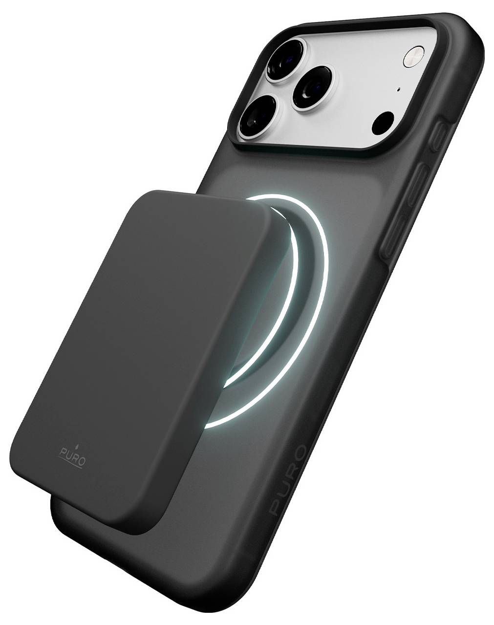 Černý telefon s rozsvícenou bezdrátovou nabíjecí podložkou připevněnou na jeho zádech, která zvýrazňuje funkci nabíjení.