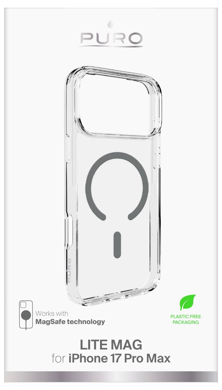 Transparetní pouzdro na telefon 'PURO Lite Mag' pro iPhone 17 Pro Max zobrazené v balení. Mezi hlavní vlastnosti patří kompatibilita s MagSafe a balení bez plastů.