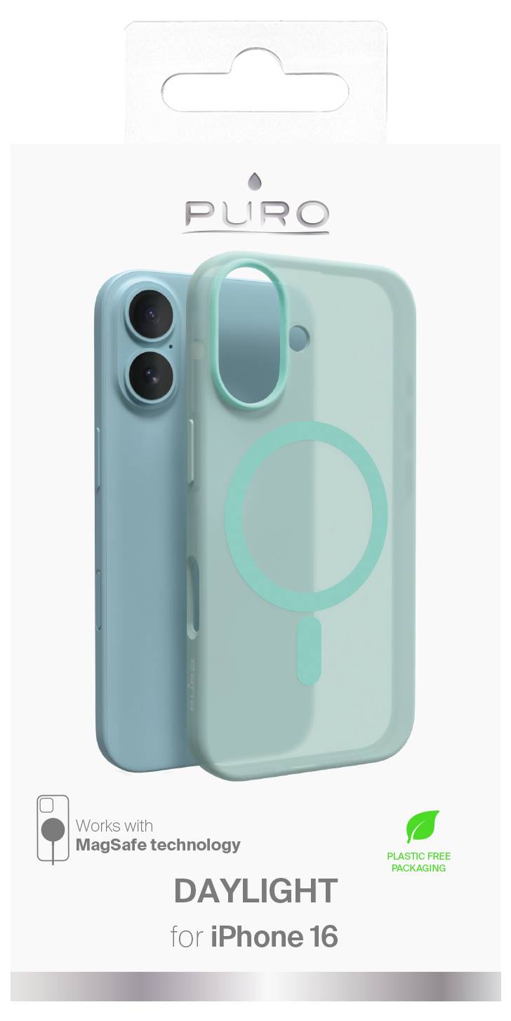 Pouzdro iPhone 16 v balení světle modré barvy, které předvádí kompatibilitu MagSafe a balení bez plastů. Štítky uvádějí "Daylight" a "Puro".