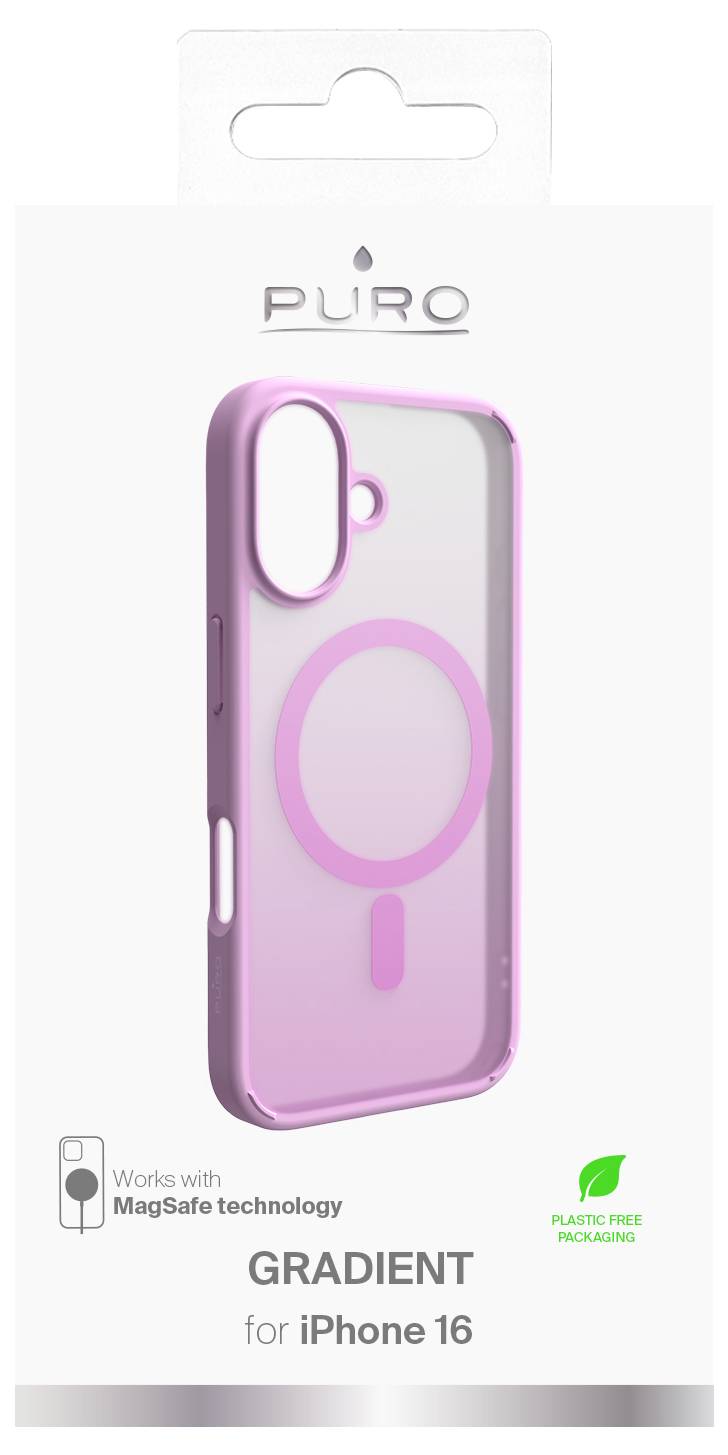 Obal produktu je růžový, gradientní kryt kompatibilní s MagSafe pro iPhone 16. Balení obsahuje nápis „Plastové obaly nejsou používány".