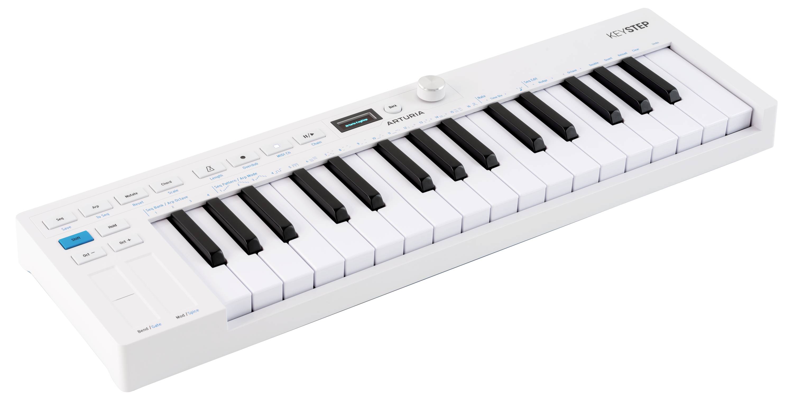 Kompaktní bílý klávesový kontroler s 32 černými a bílými klávesami, dotykové ovládací proužky pro pitch a modulaci a různými ovládacími tlačítky.