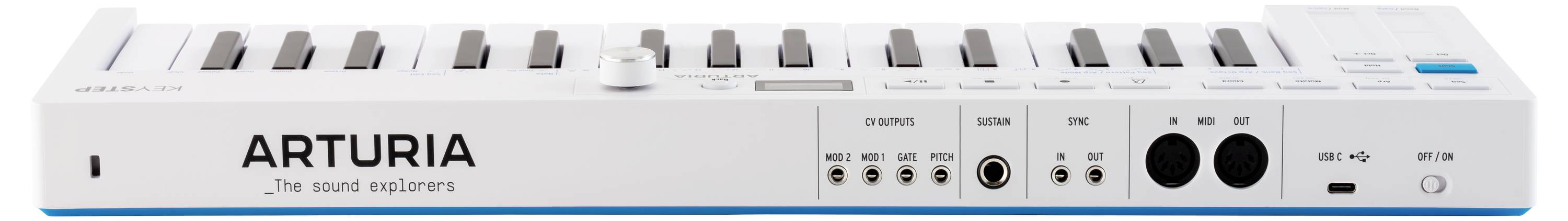 Zadní pohled na hudební kontroler Arturia zobrazující různé vstupní a výstupní porty, včetně MIDI, USB a řídicích připojení.