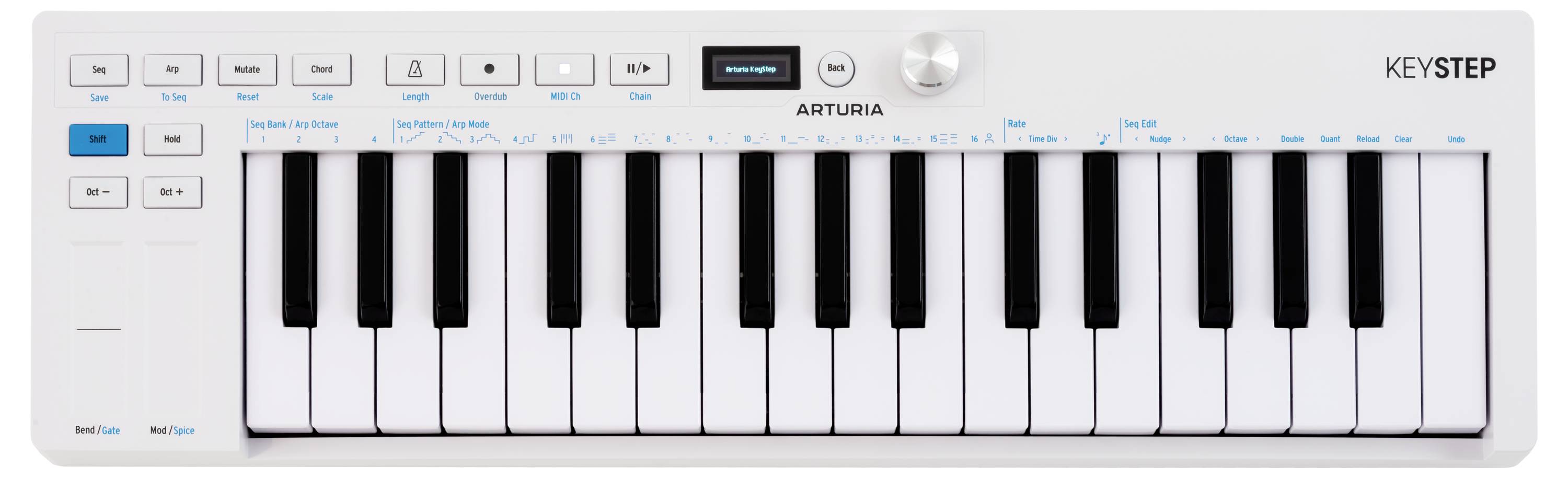 Kompaktní MIDI klávesnice s 32 klávesami a ovládacími tlačítky, označená jako 'Arturia Keystep', která se používá pro hudební produkci a vystoupení.