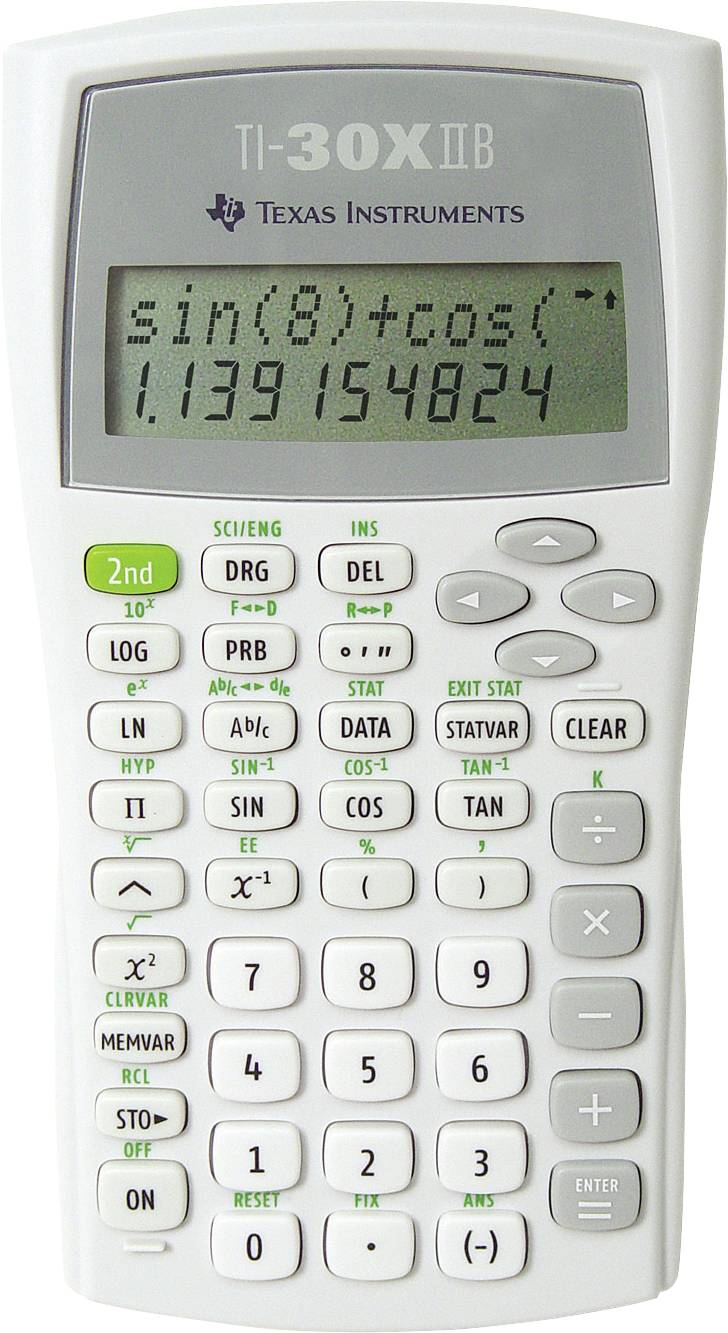 Bílá kalkulačka TI-30X IIB zobrazuje výsledek '1.139154824' pro výraz 'sin(8)+cos(1)'. Má dvouřádkový displej a různé funkční tlačítka.