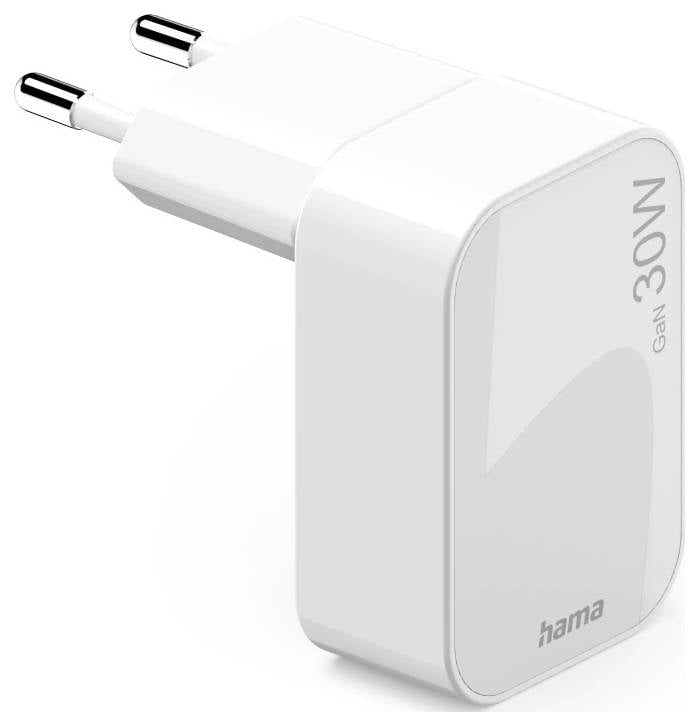 Bílá USB-C nástěnná nabíječka 'hama GaN 30W' se dvěma kolíky, určená pro rychlé nabíjení přenosných zařízení.