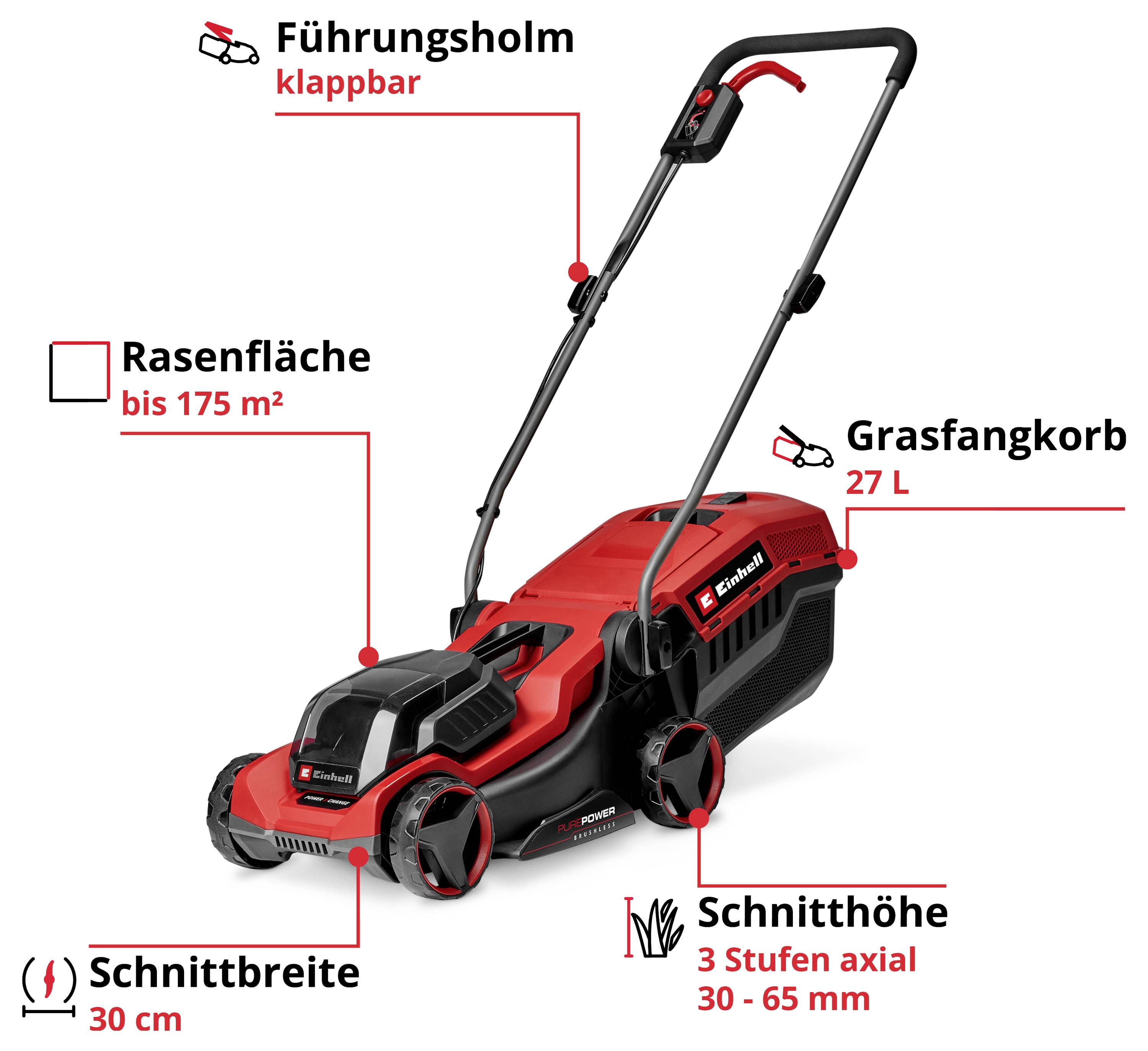 Elektrický sekací stroj s sklopnou řídící rukojetí, šířka záběru 30 cm, výška sečení 30-65 mm, travní koš o objemu 27 litrů, vhodný pro plochy do 175 m².