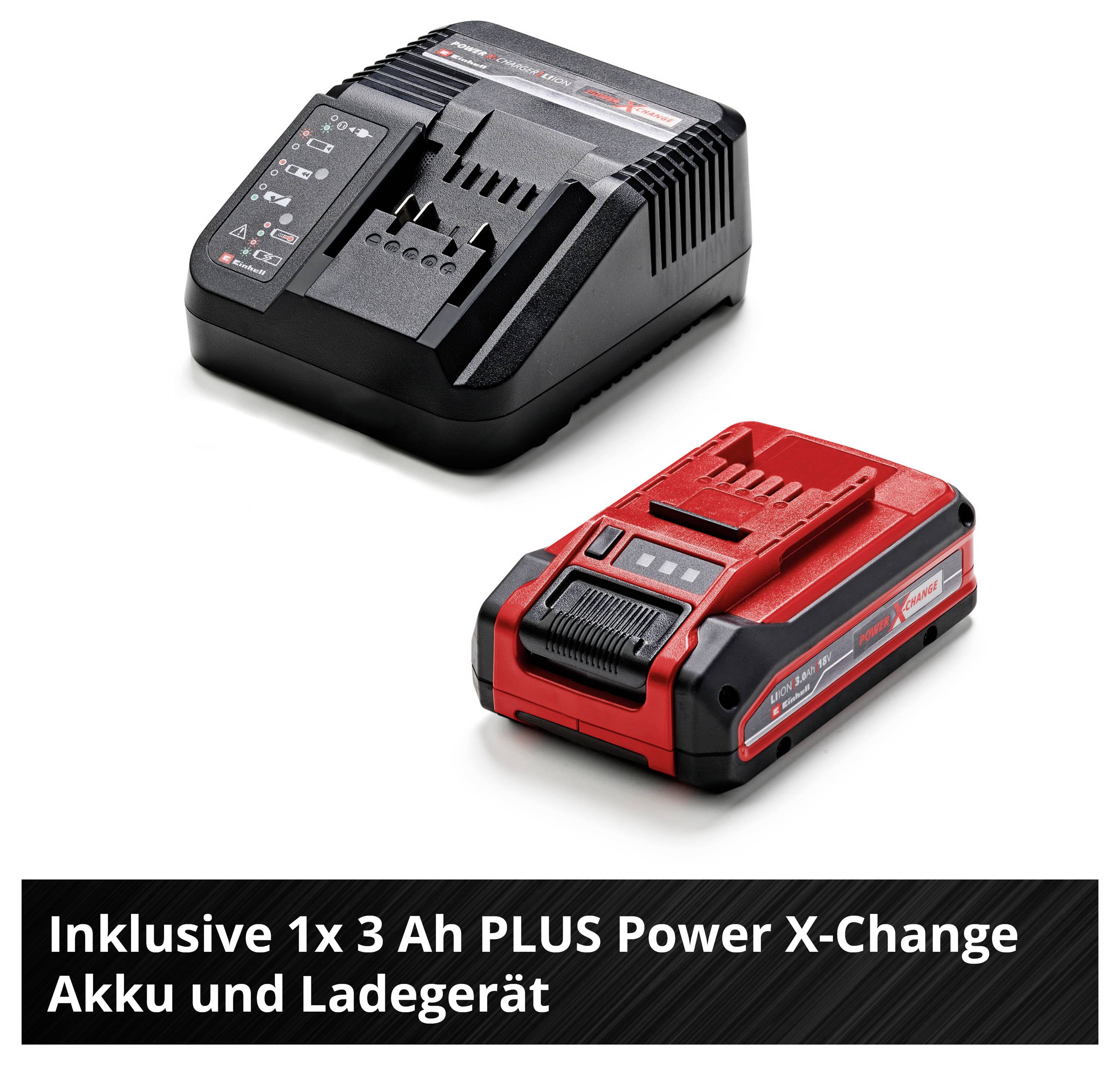 Černá nabíječka a červený akumulátorový pack značky Power X-Change. Text: 'Včetně 1x 3 Ah PLUS Power X-Change akumulátoru a nabíječky'.