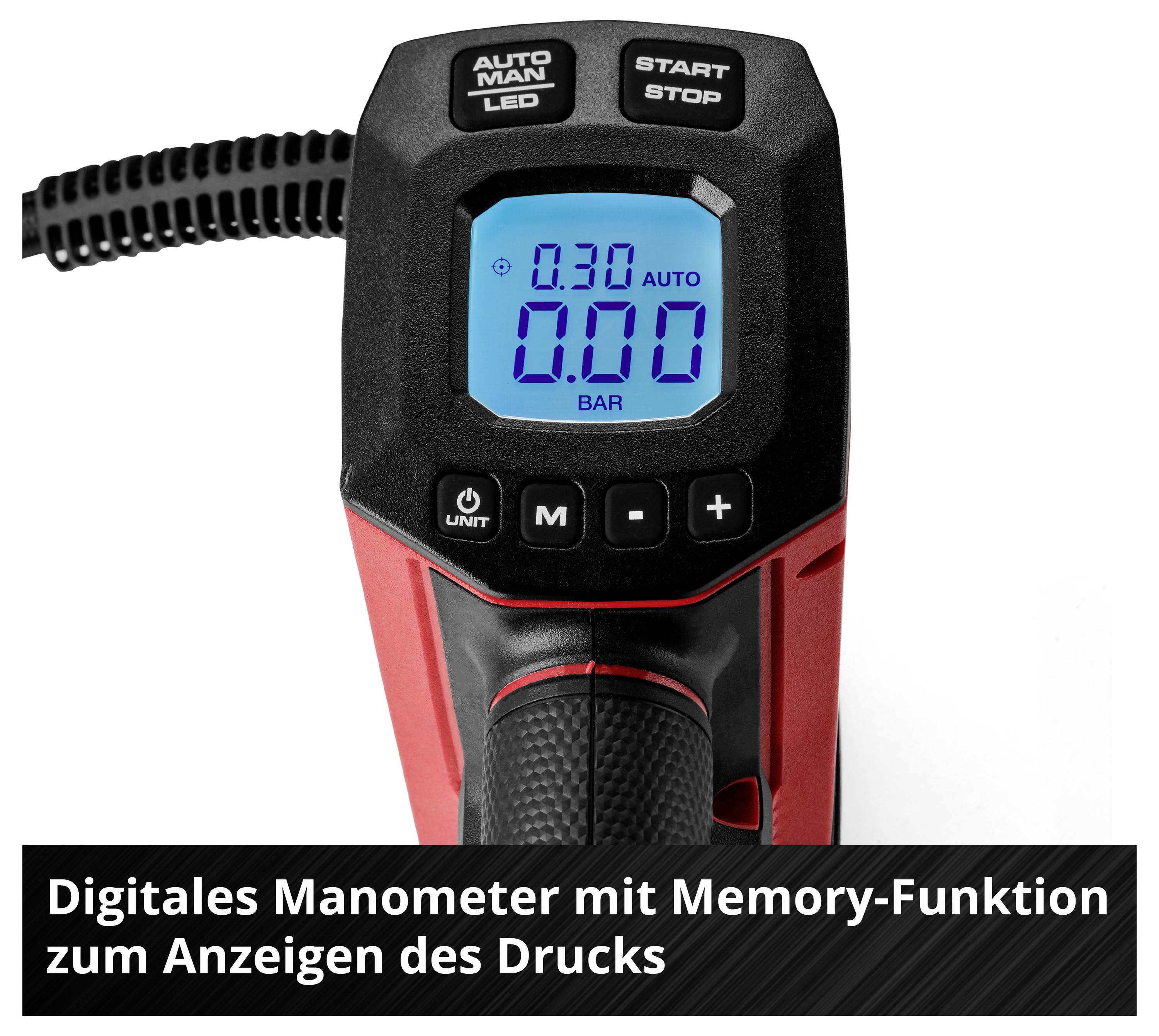 Digitální manometr s modrým displejem zobrazuje '0,30 BAR'.