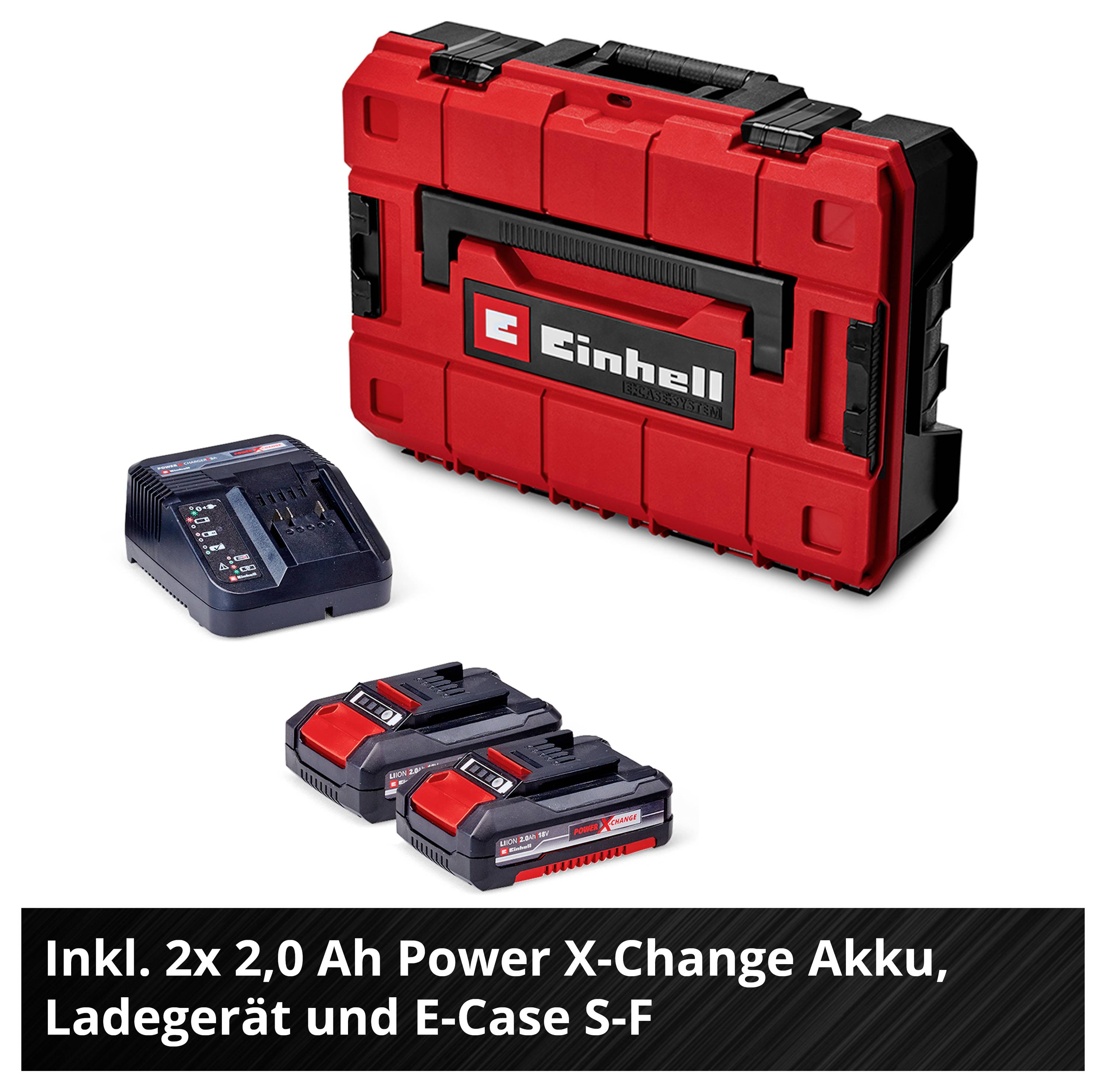 'Einhell' sada nářadí s nabíječkou a 2 bateriemi. Text: 'Včetně 2x 2,0 Ah Power X-Change akumulátoru, nabíječky a E-Case S-F'