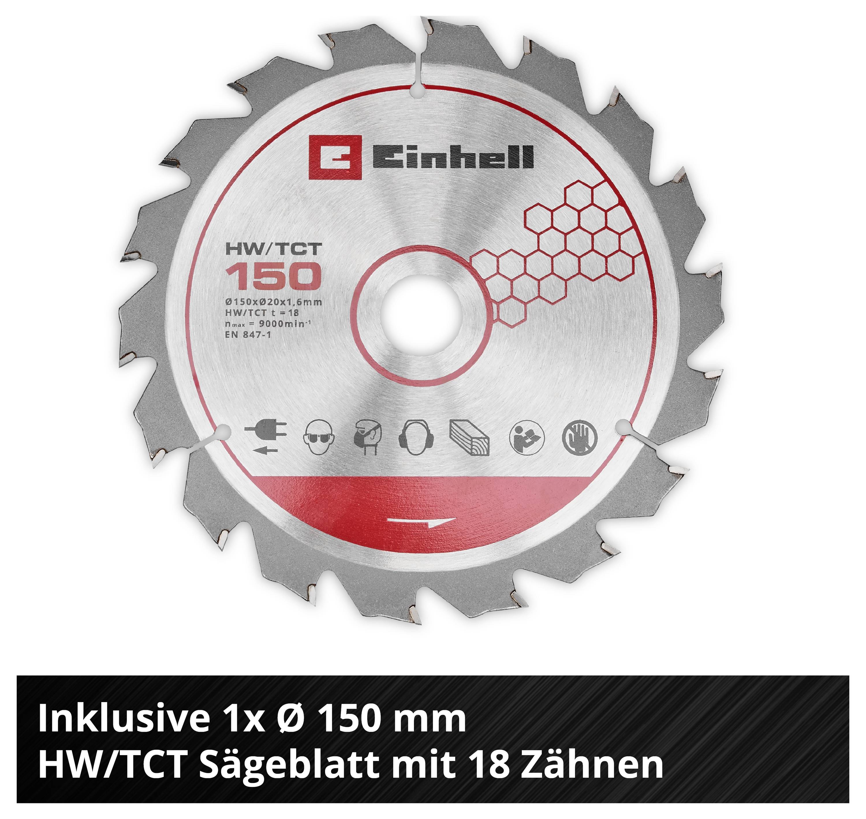 Pilový list s 18 zuby, průměr 150 mm, vhodný pro HW/TCT. Viditelné firemní označení 'Einhell'. Text: 'Včetně 1x Ø 150 mm HW/TCT pilového listu s 18 zuby'.