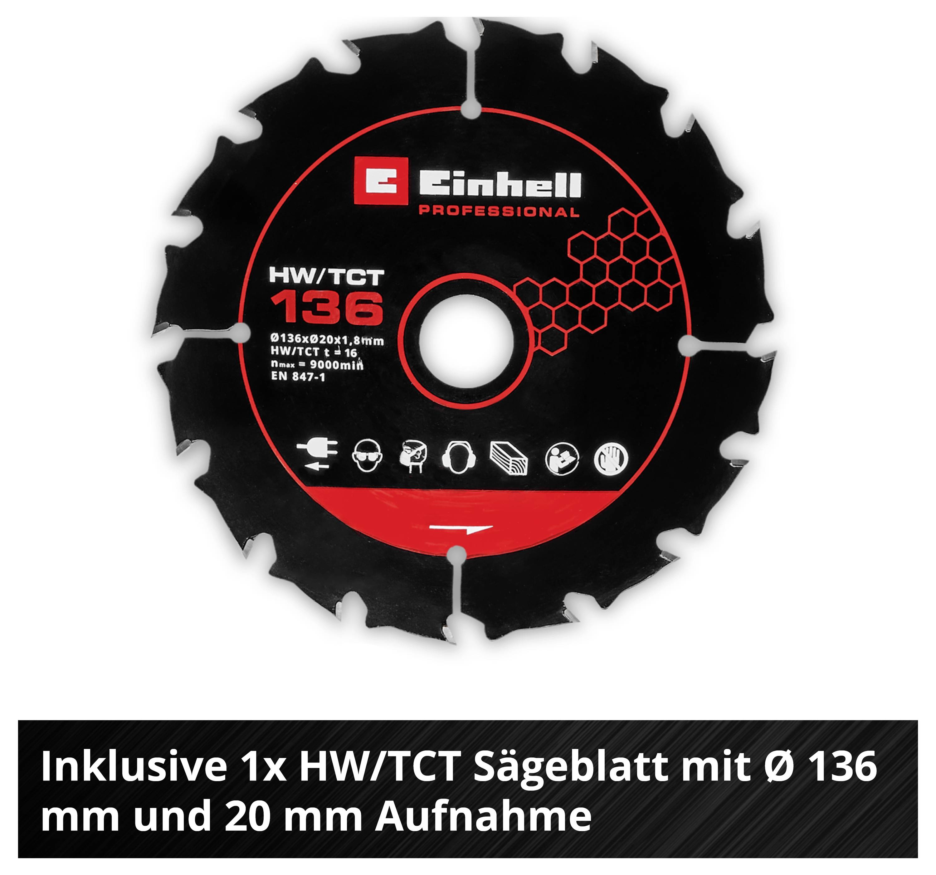 Pilový kotouč značky Einhell, průměr 136 mm pro dřevo/kov. Text pod ním: 'Včetně 1x HW/TCT pilového kotouče s Ø 136 mm a 20mm upínáním'.