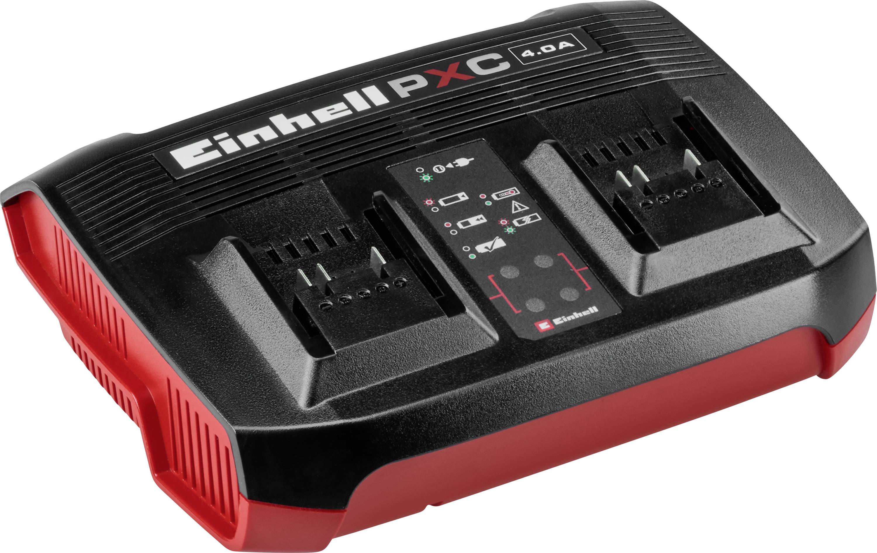 'Einhell PXC' dvoupáskové nabíječky; dvě černé nabíječky s červeným prvkem a LED indikátory pro lithium-iontové akumulátory; systém Power X-Change.