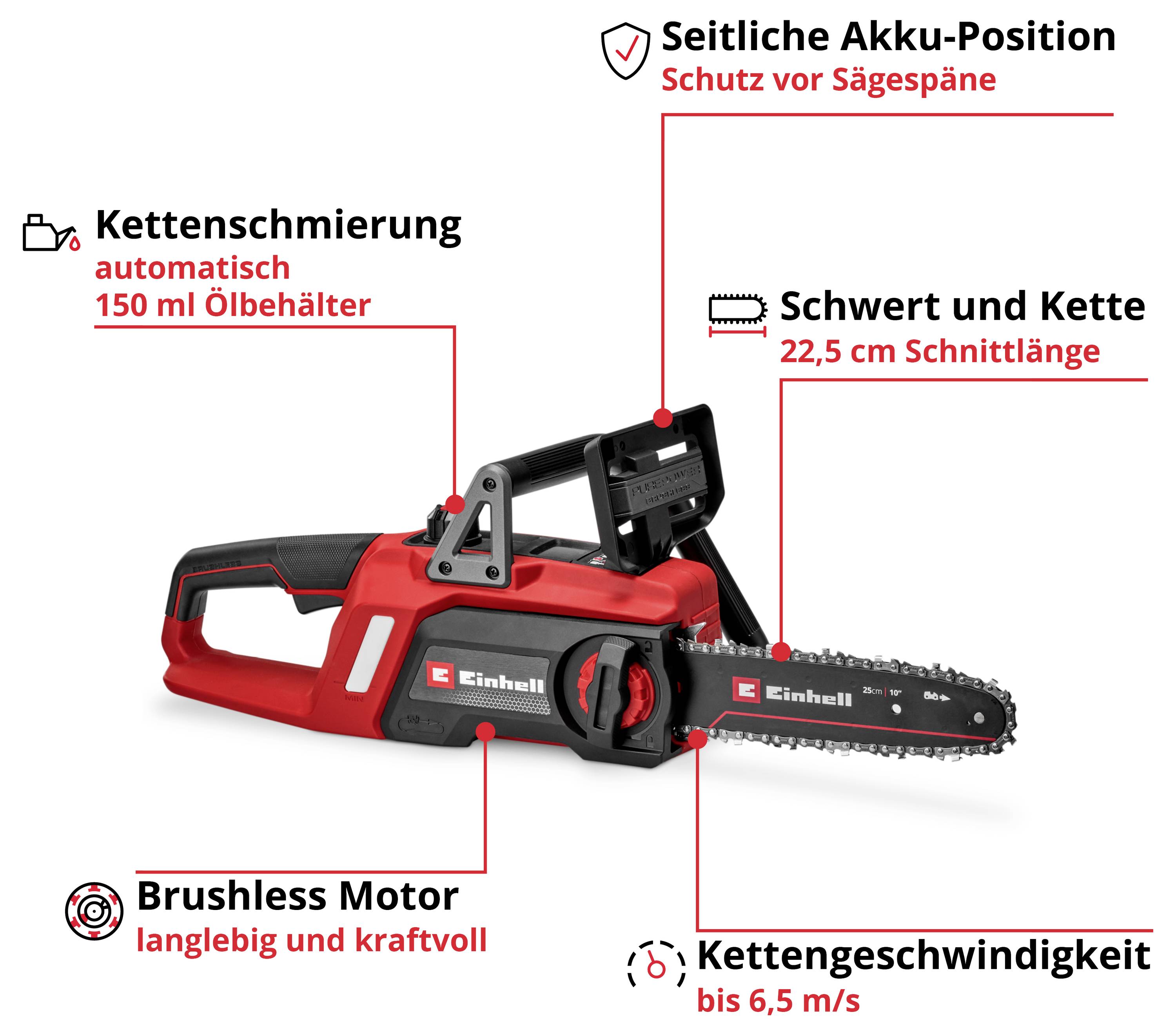 Akumulátorová řetězová pila s bočním umístěním akumulátoru. Vlastnosti: automatické mazání řetězu, délka lišty 22,5 cm, bezuhlíkový motor, rychlost řetězu až 6,5 m/s.