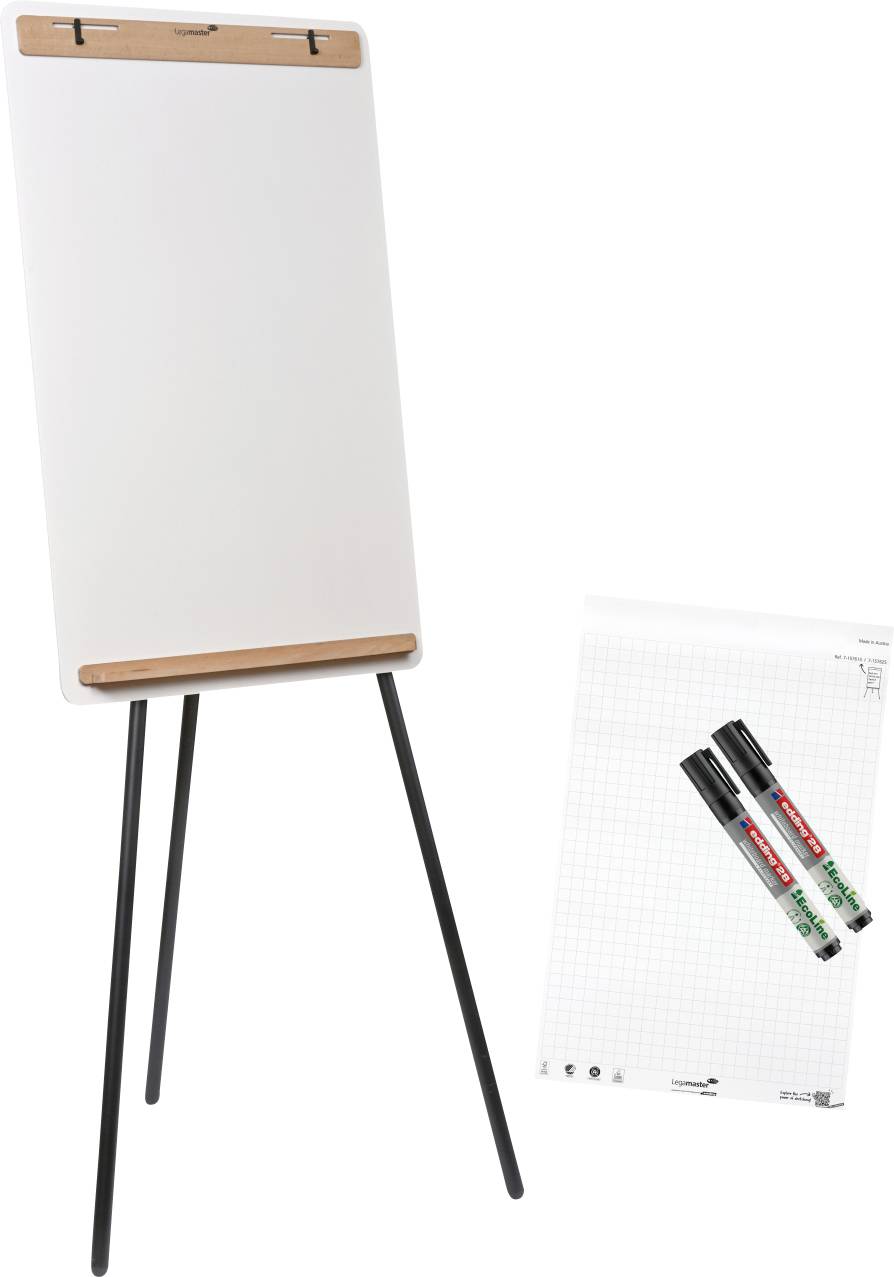 Prázdný flipchart na stojanu stojí vedle dvou fix, jedné černé a jedné zelené, které leží na papíře s mřížkovým vzorem.