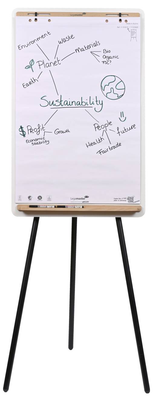 Flipchart stojí s diagramem nazvaným 'Udržitelnost' uprostřed, větvící se k slovům: Životní prostředí, Lidé, Ekonomika, Planeta, Zdraví, Materiály.
