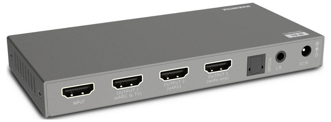 Obdélníkový HDMI přepínač s jedním vstupem a třemi výstupy pro distribuci videosignálů, označený 'VÝSTUP 1', 'VÝSTUP 2' a 'VÝSTUP 3'.