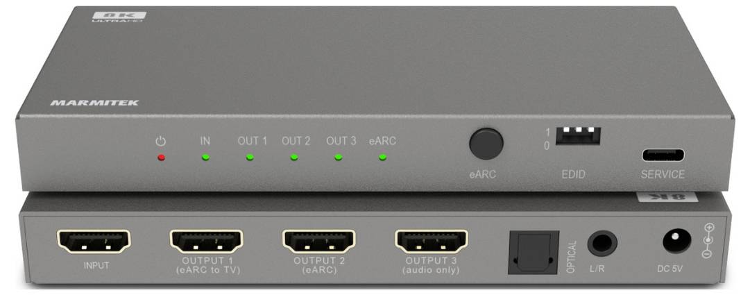Dva HDMI přepínače Marmitek navrstevné, pohled zepředu a zezadu. Funkce zahrnují tři výstupy, servisní port a zpětný audio kanál.