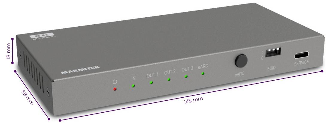Šedý elektronický přístroj označený štítkem 'MARANTEK' s několika porty a indikačními světly, s rozměry 145 mm na šířku, 89 mm do hloubky a 18 mm na výšku.