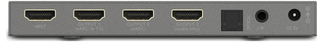 Šedé zařízení s třemi výstupními HDMI porty označenými 'Výstup 1 (HDMI nebo DVI)', 'Výstup 2 (HDMI)', 'Výstup 3 (HDMI)' a třemi dalšími vstupními/připojovacími porty.