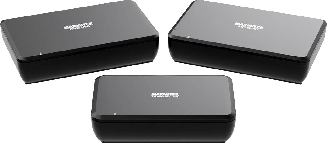 Tři černé obdélníkové přijímače Marmitek TV Anywhere přenášejí signály mezi zařízeními bezdrátově.