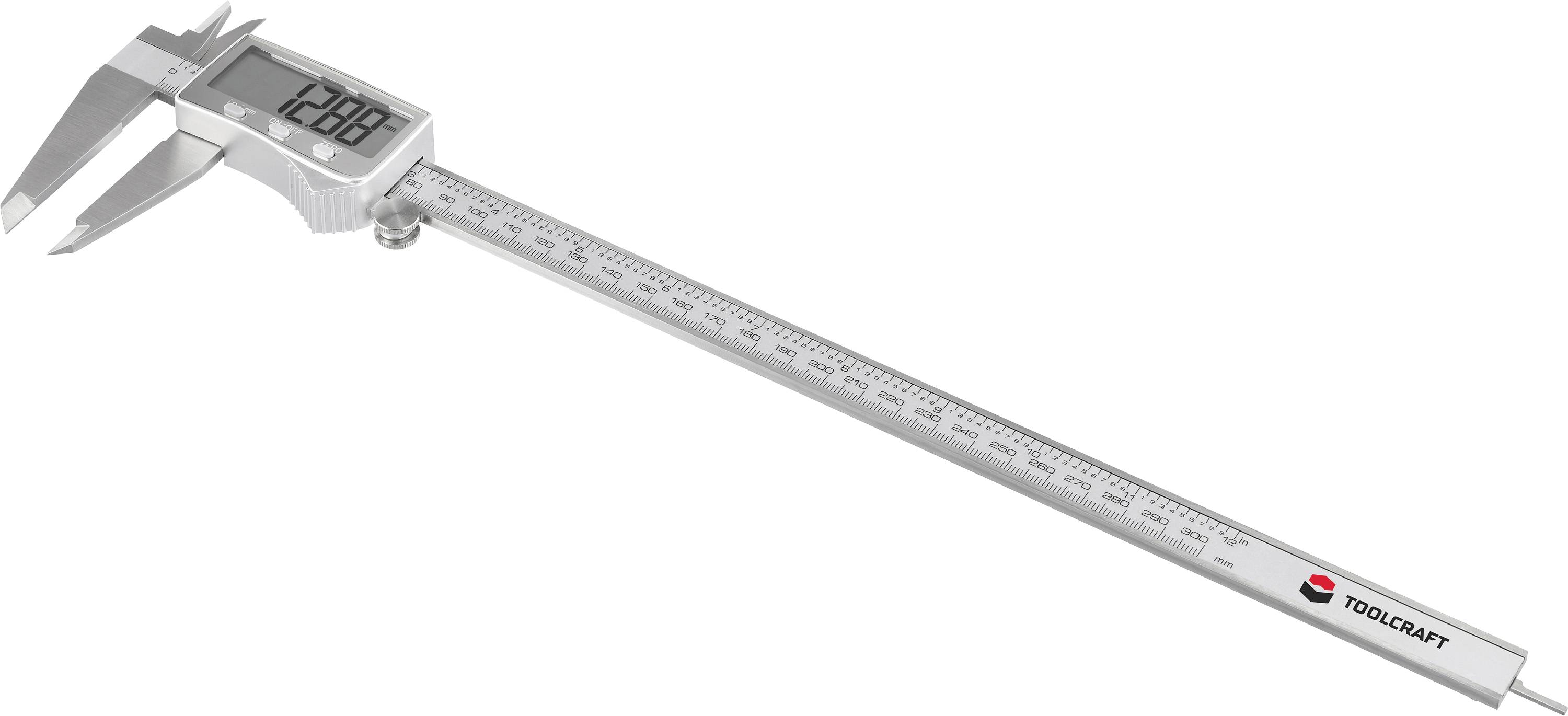 Digitální posuvné měřítko zobrazující na displeji "12,88", s logem TOOLCRAFT na rukojetí. Používá se pro přesné měření předmětů.