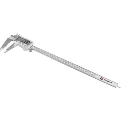 Digitální posuvné měřítko zobrazující na displeji "12,88", s logem TOOLCRAFT na rukojetí. Používá se pro přesné měření předmětů.