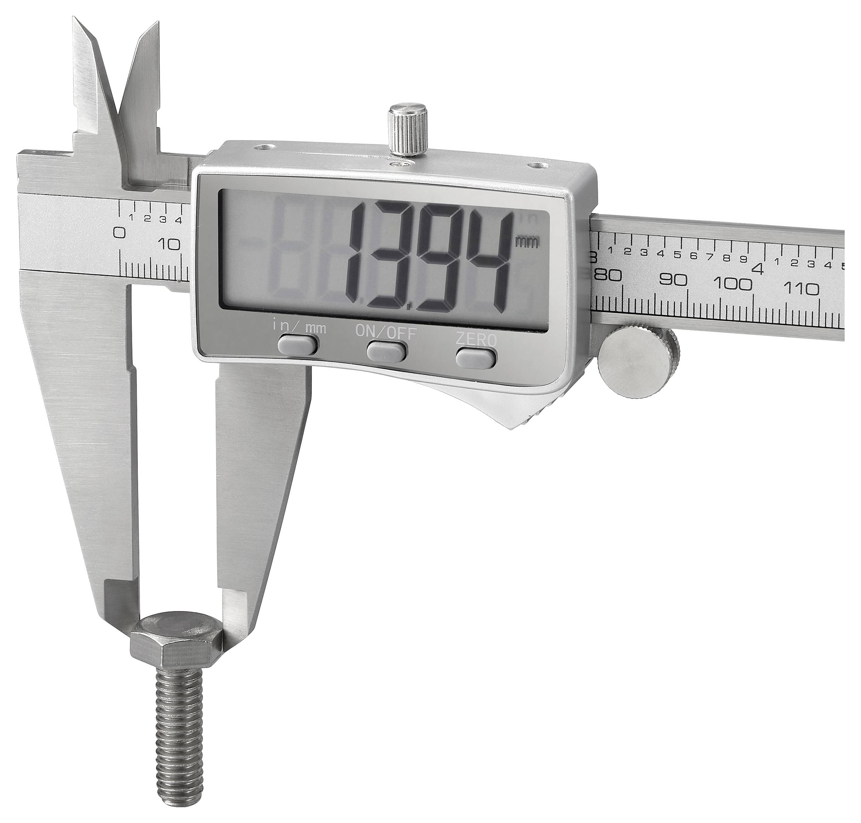 Digitální posuvné měřítko měřící průměr šroubu, zobrazující '13.94 mm'.