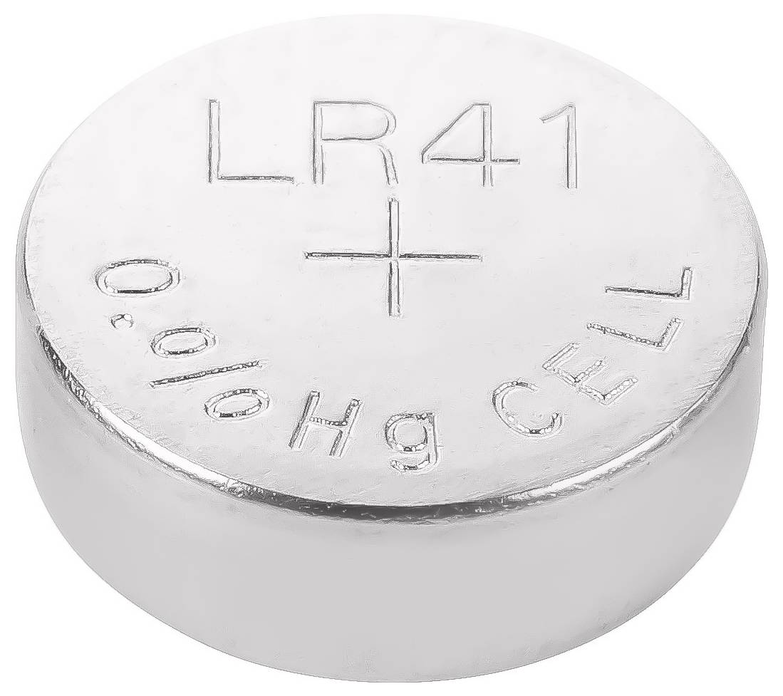Stříbrná knoflíková baterie se značením 'LR41', symbol plus a '0% Hg CELL'.