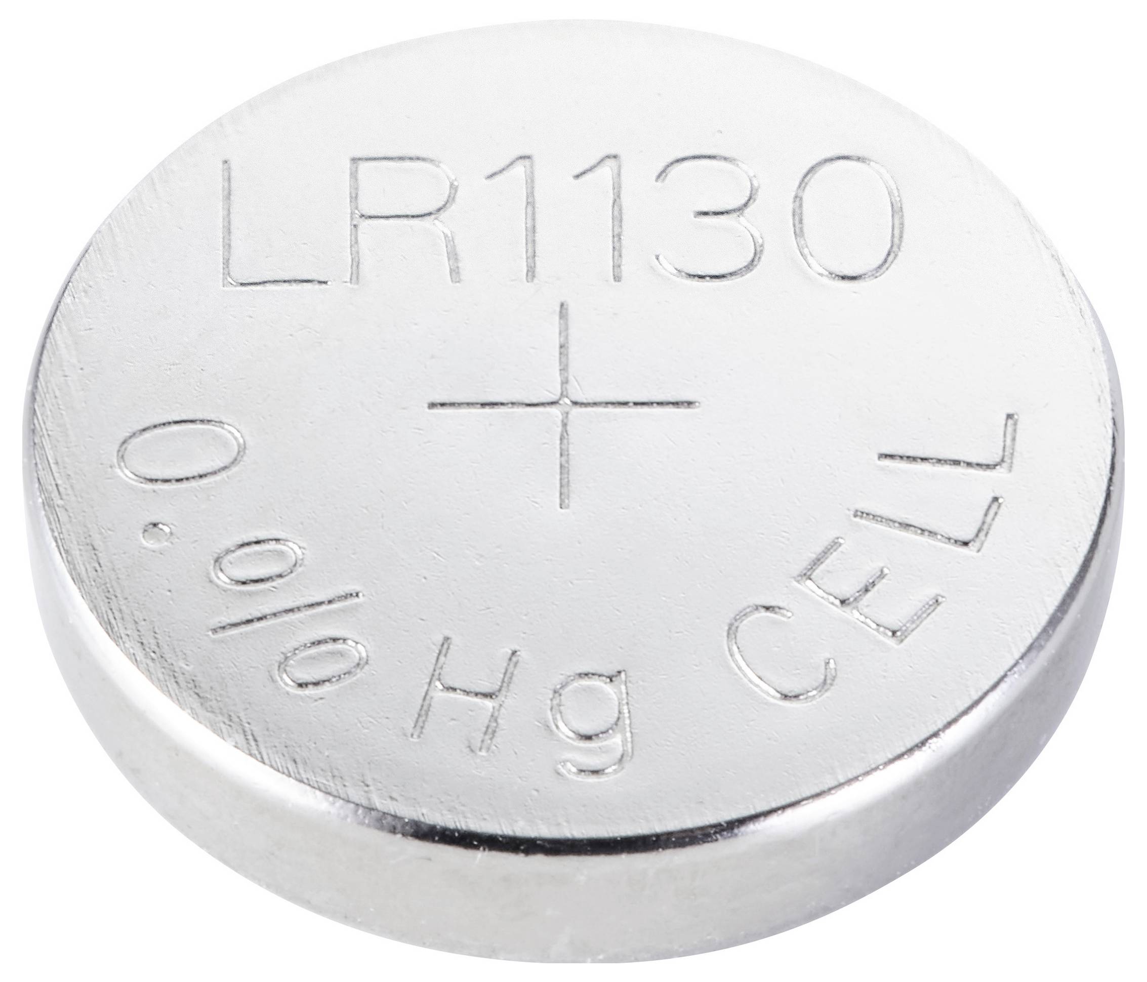 Stříbrná knoflíková baterie označená „LR1130" a „0% Hg CELL".