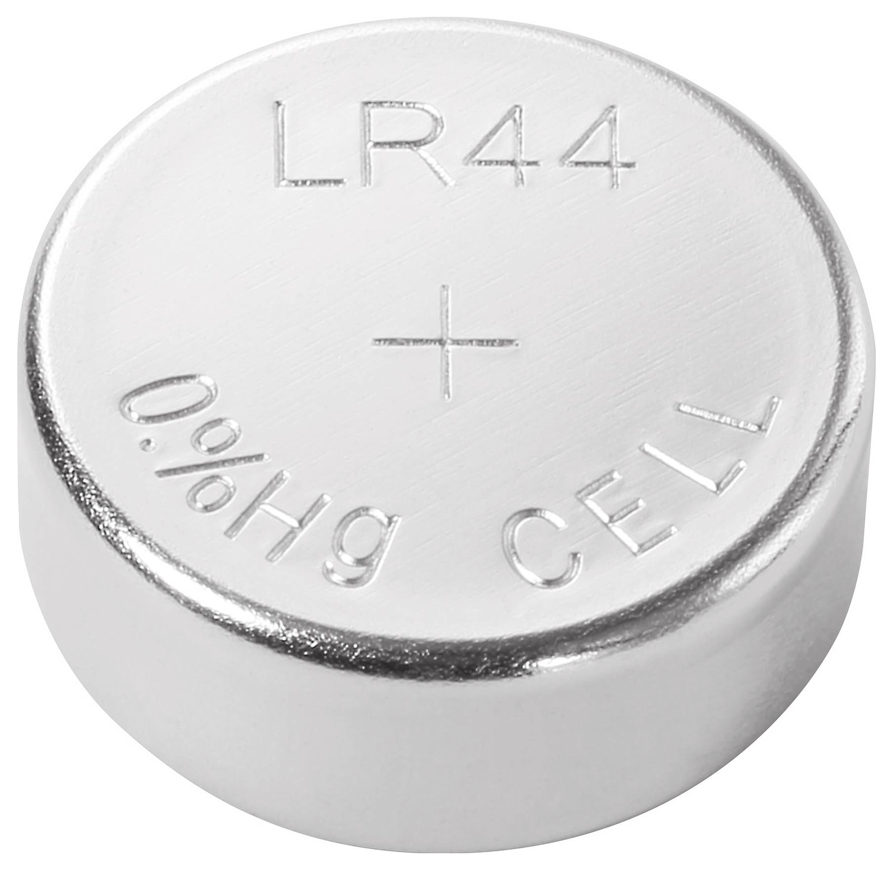 Stříbrný knoflíkový článek označený na vrcholu jako „LR44 0%Hg CELL".
