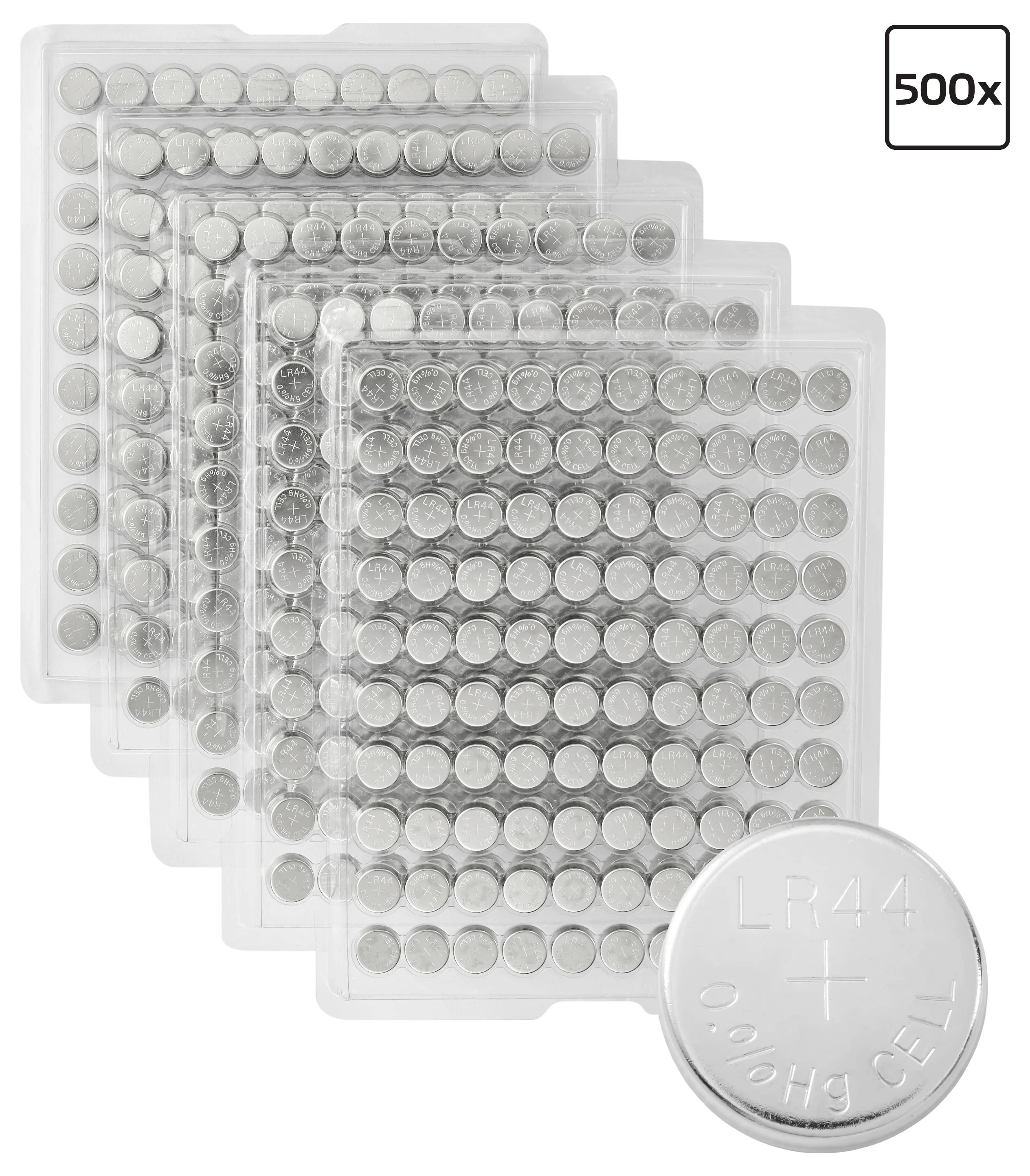 Obrázek 500 knoflíkových baterií, označených 'LR44 0%Hg CELL', uspořádaných v transparentních plastových zásobnících.