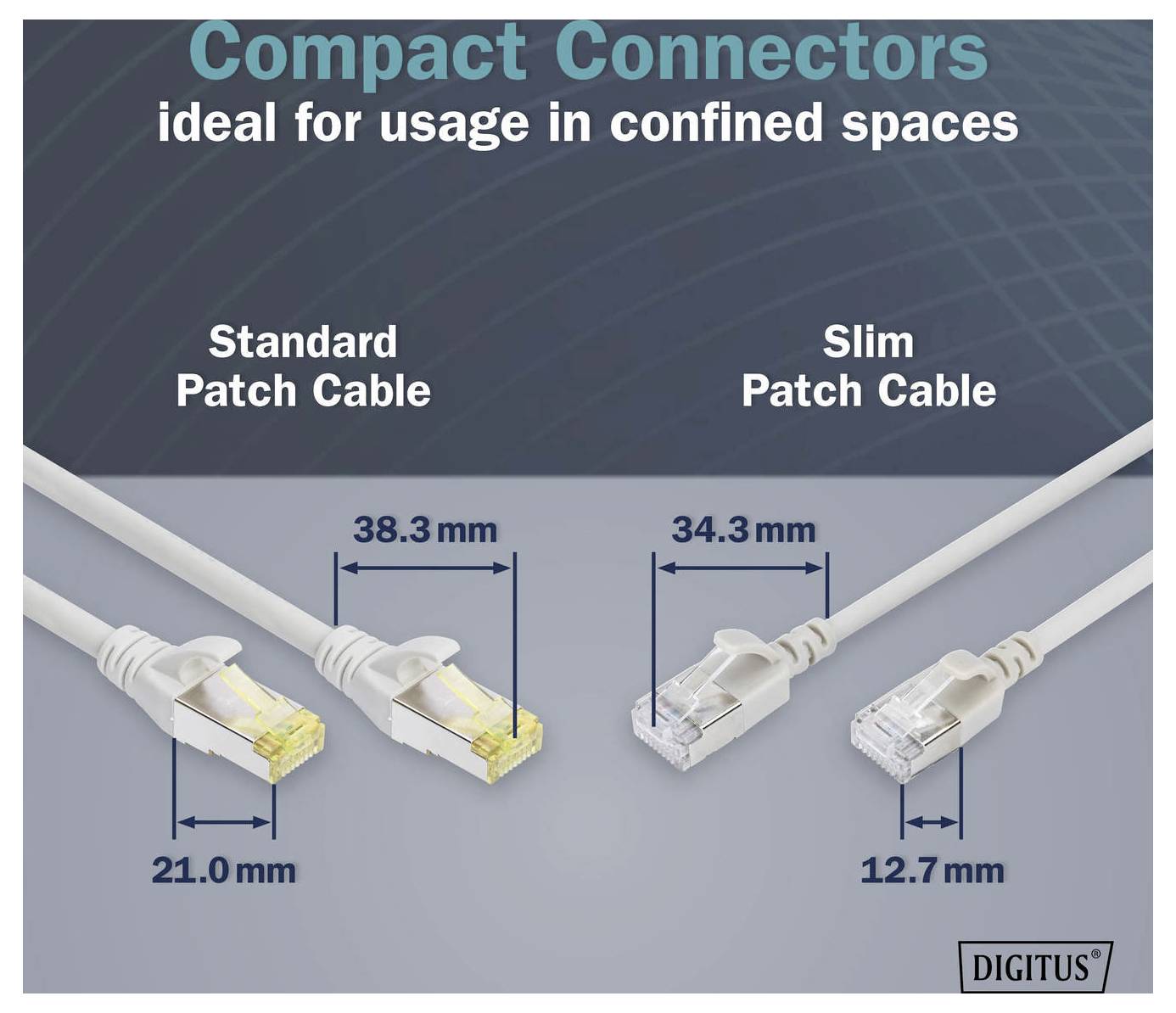 Kompaktní konektory ideální pro použití v omezeném prostoru. Obrázek porovnává „Standardní patch kabel" a „Tenký patch kabel" s rozměry: Standard 38,3 mm × 21,0 mm, Slim 34,3 mm × 12,7 mm. Značka: „Digitus".