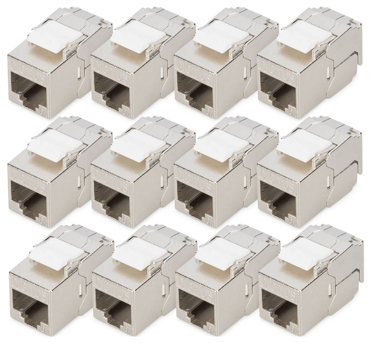 Sada dvanácti stříbrných RJ45 keystone zásuvek uspořádaných do mřížkového vzoru, každá s kovovým pouzdrem a klipem určeným pro síťové účely.