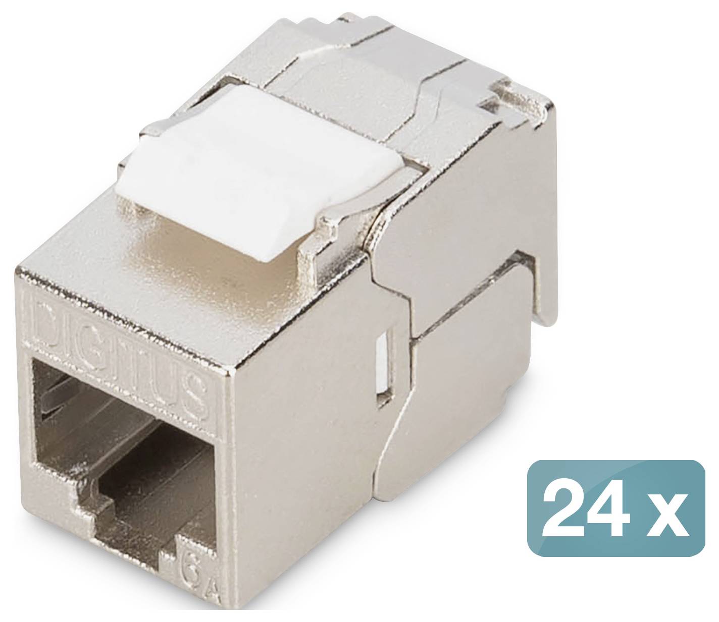 Kovový konektor RJ45 s bílou sponou, označený '24x' udávající balení 24 kusů, používaný pro připojení ethernetových kabelů.