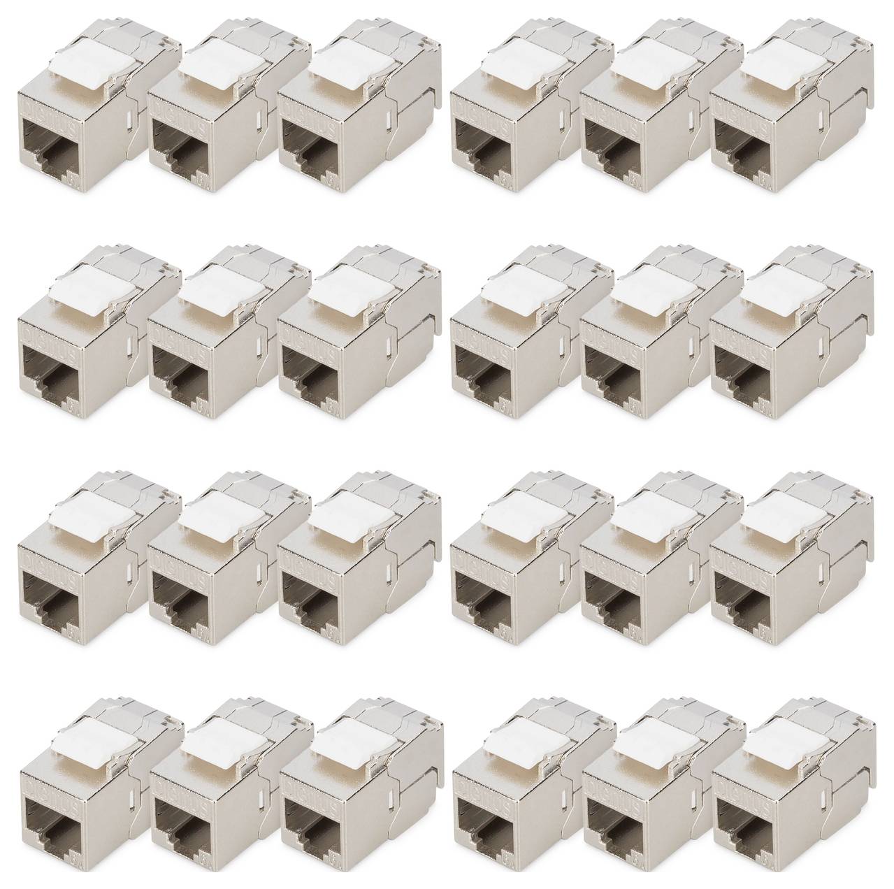 Pět řad konektorů RJ45 keystone, uspořádaných ve čtyřech sloupcích. Každý konektor má modulární design vhodný pro ethernetové kabely.