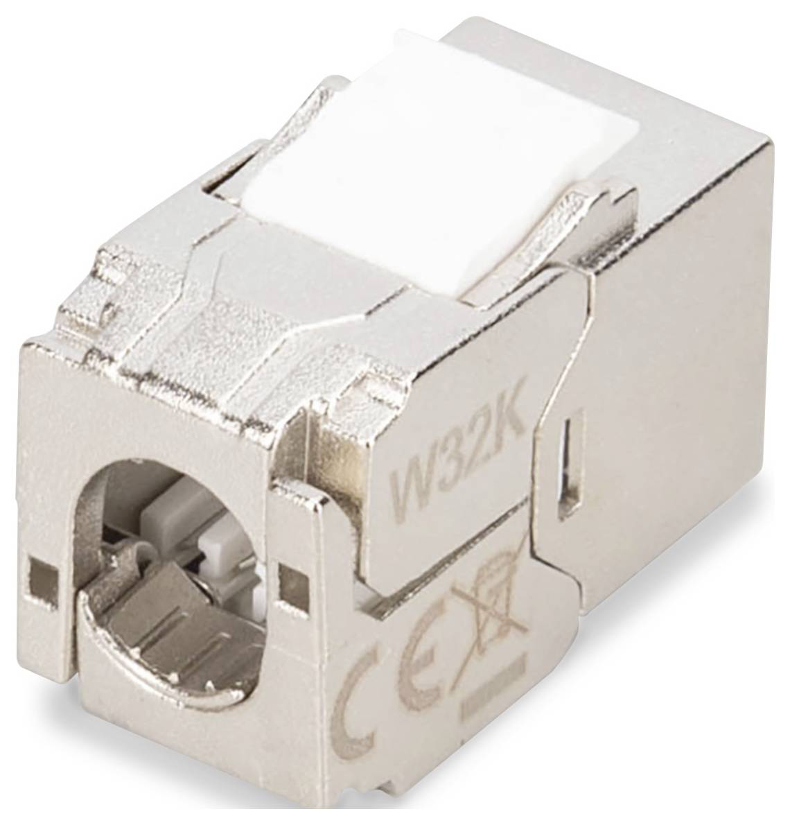 Stříbrný konektor RJ45 s označením "W32K", určený pro ethernetová připojení, s bílou vložkou pro zajištění kabelů.
