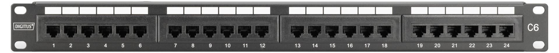 Síťový panel s 24 porty Ethernet s označenými porty od 1 do 24, používaný pro správu síťových kabelů a konektivitu.