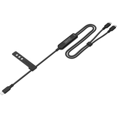 Černý pletený kabel USB s více konektory a adaptérem pro různé možnosti nabíjení.