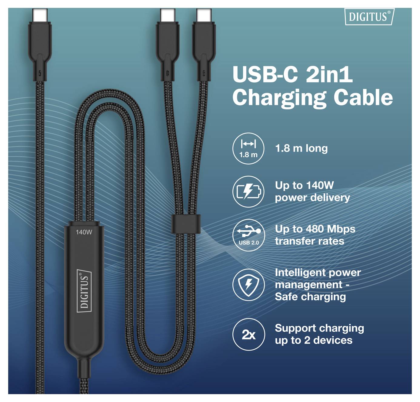 Kabel USB-C 2v1 pro nabíjení s dvojitými konci, délka 1,8 m, do 140 W výkonu, rychlost přenosu 480 Mbps, inteligentní správa energie, podpora dvou zařízení.