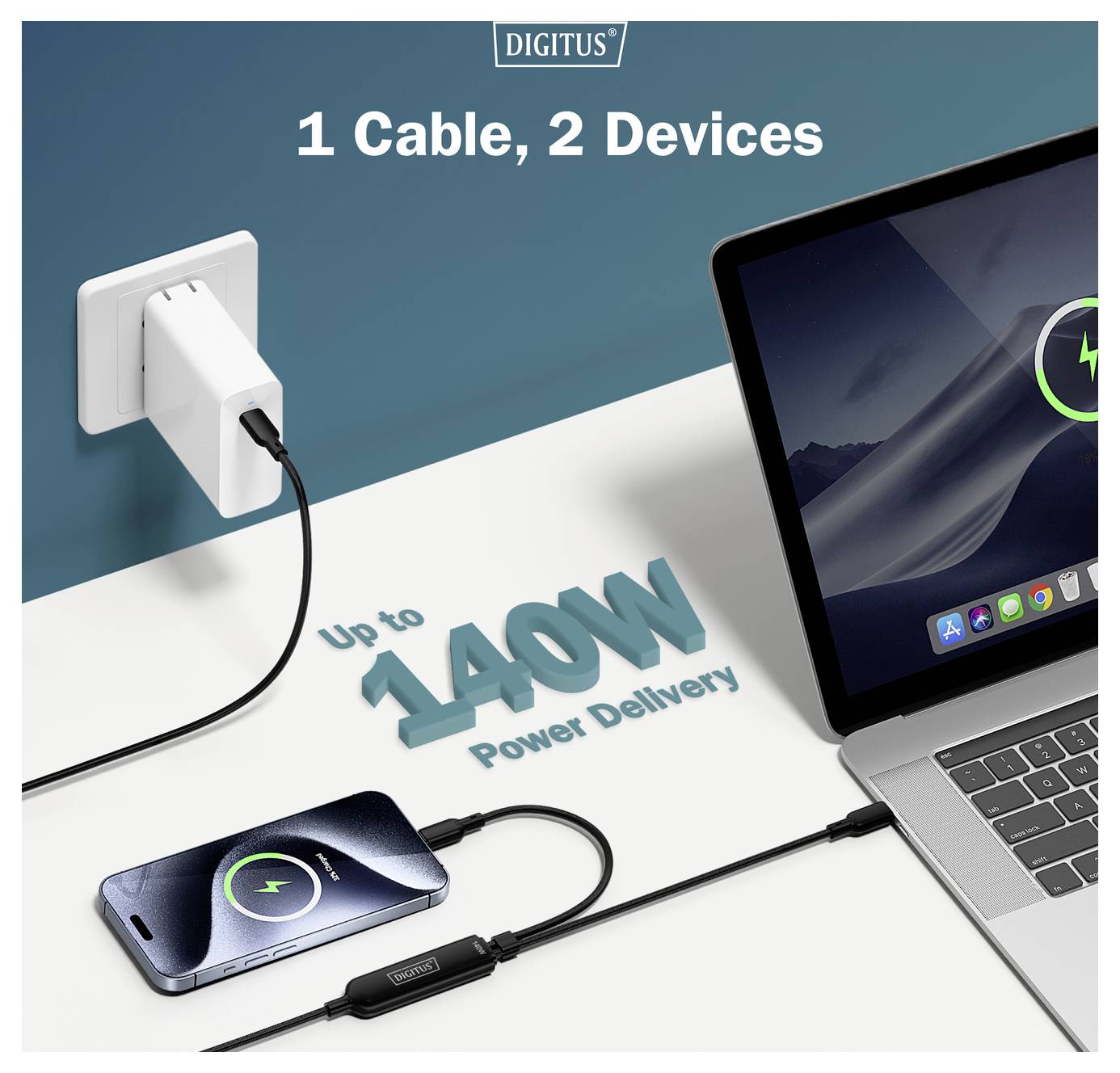 Nabíječka zapojená do nástěnné zásuvky napájí notebook a telefon. Text zní: 1 Kabel, 2 Zařízení, Až 140W Dodávka Energie.