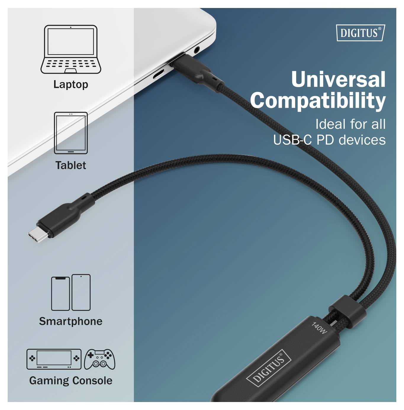 Kabel USB-C připojený k notebooku, který zdůrazňuje "Univerzální kompatibilitu" a "Ideální pro všechna zařízení s USB-C PD". Ikony zobrazují kompatibilitu s notebooky, tablety, smartphony a herními konzolemi.