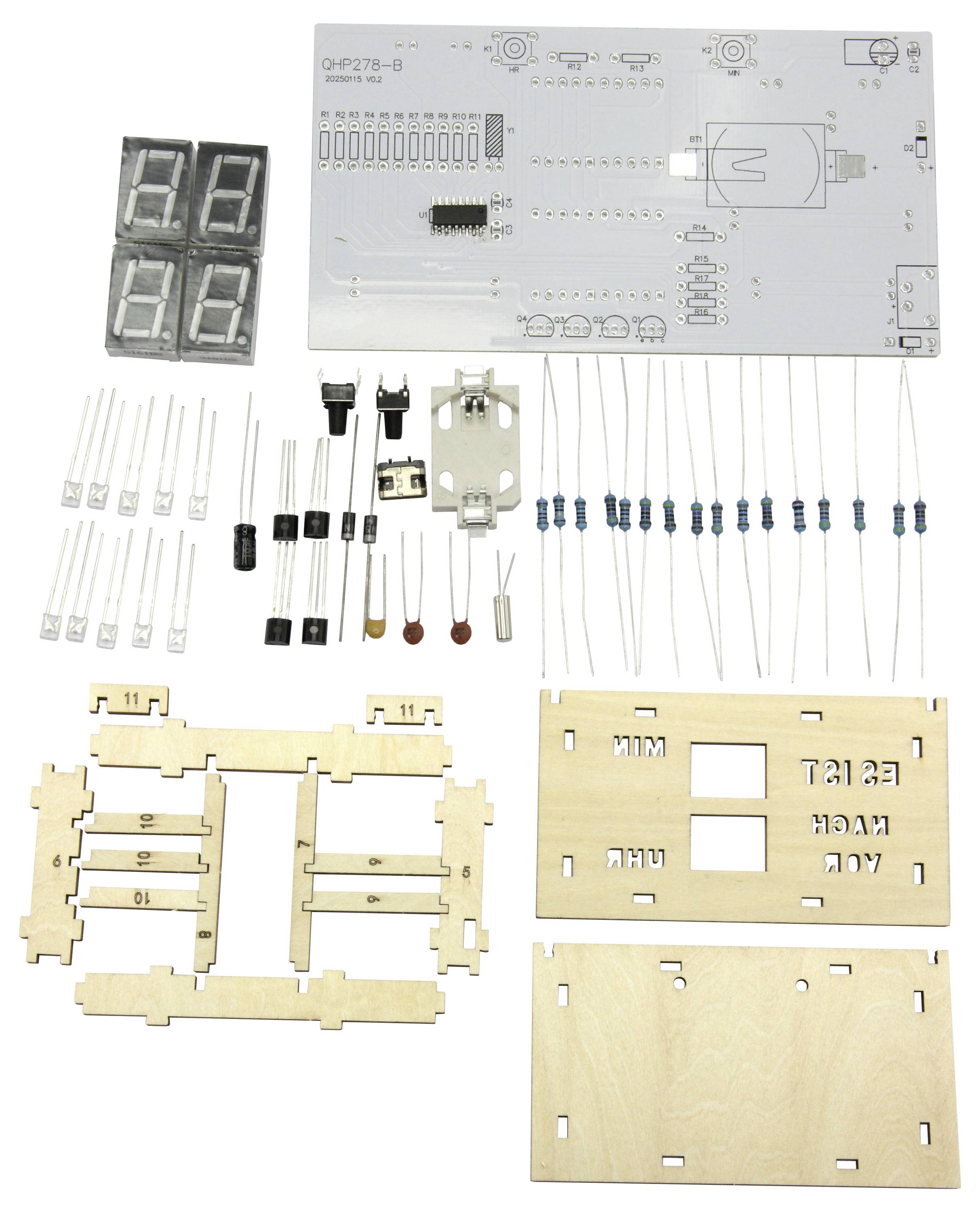 Elektronická DIY sada s komponenty zahrnující rezistory, kondenzátory, LED displeje, desku plošných spojů a dřevěné části pouzdra pro montáž.