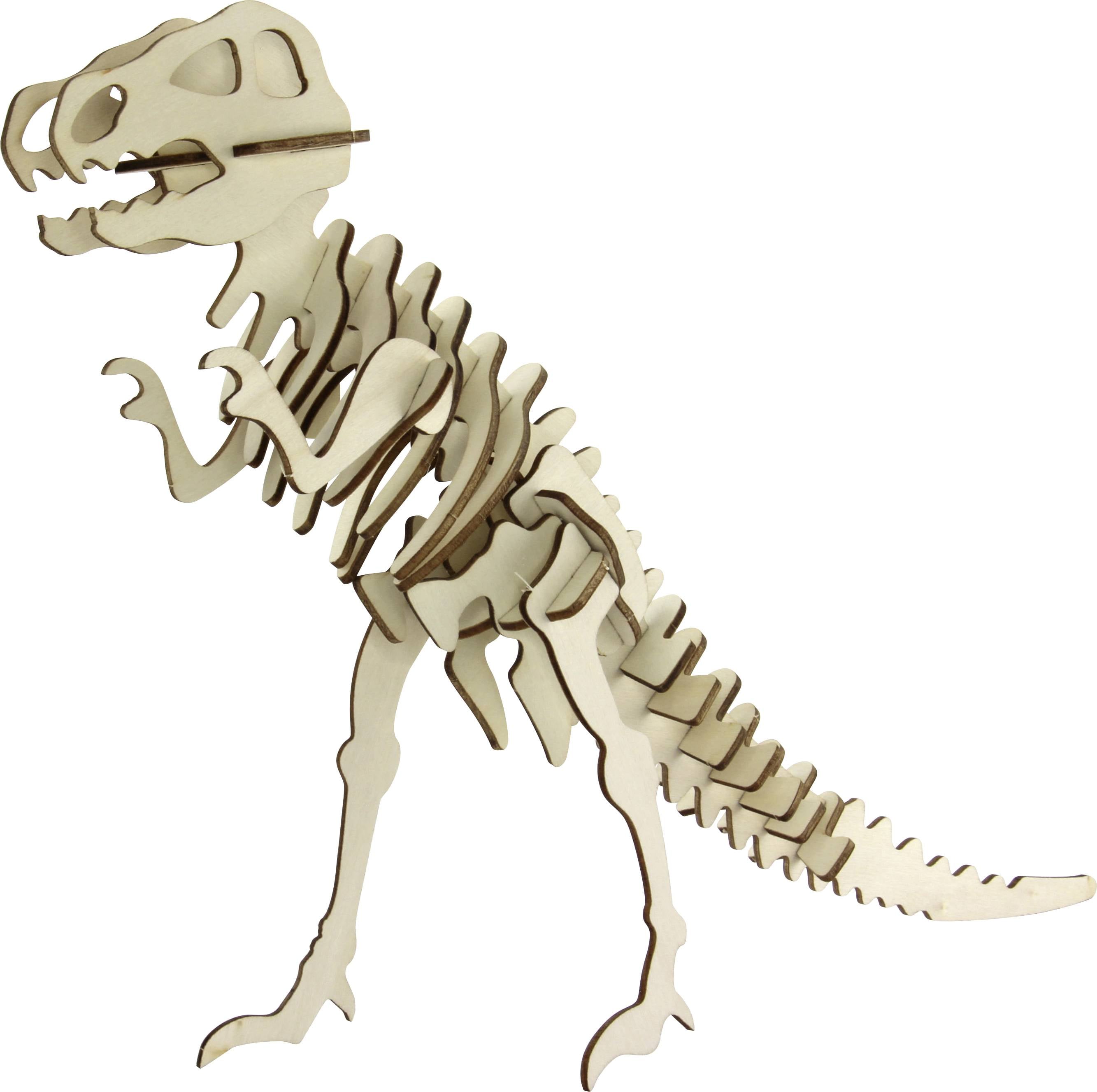 Dřevěná skládačka kostry dinosaura stojící ve vzpřímené poloze, zobrazující navzájem propojené díly vytvářející tělesnou strukturu.