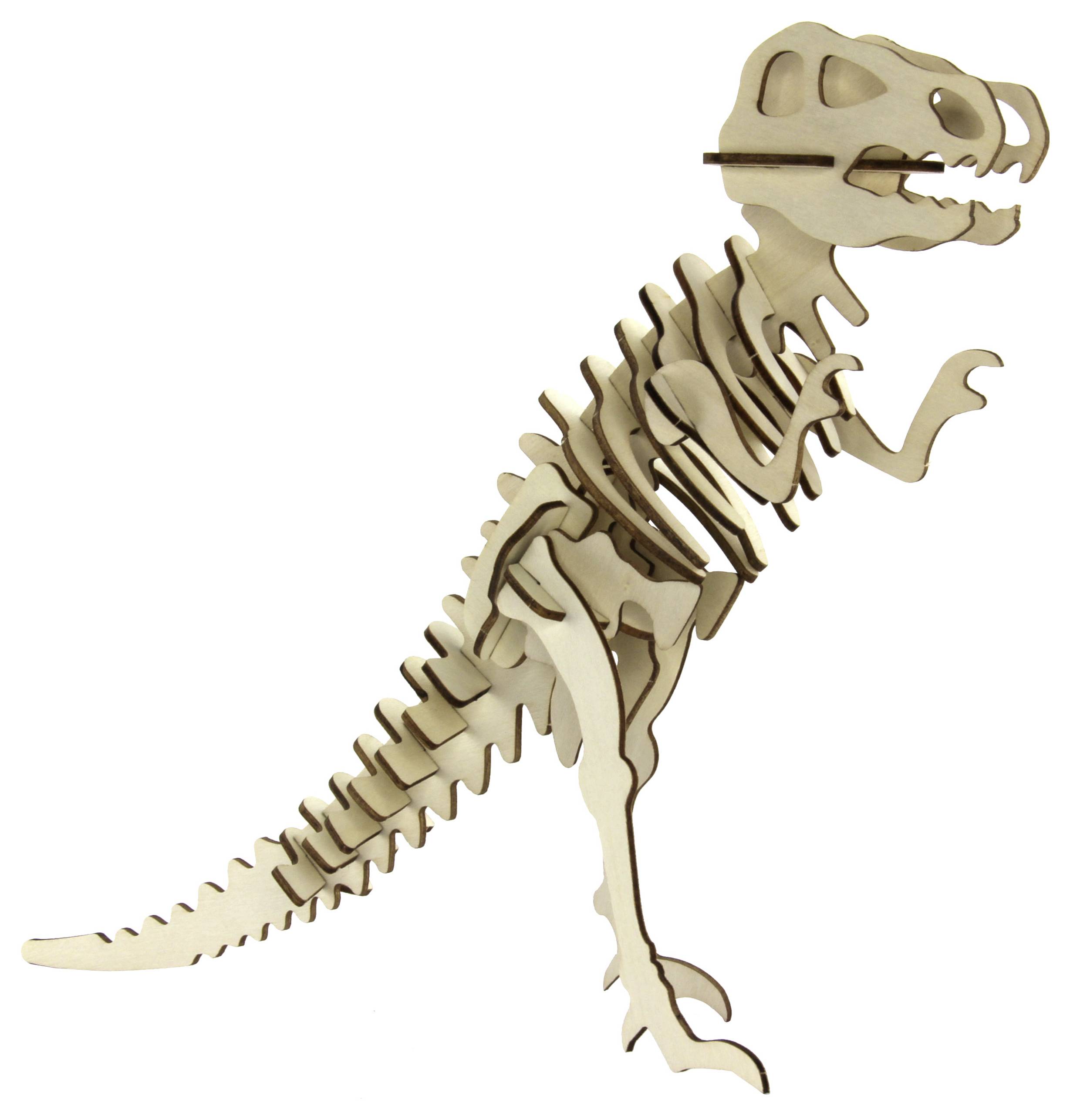 Dřevěný puzzle model kostry dinosaura, připomínající T. rexe, složený z propojených dílů tvořících jeho tělo, ocas a končetiny.