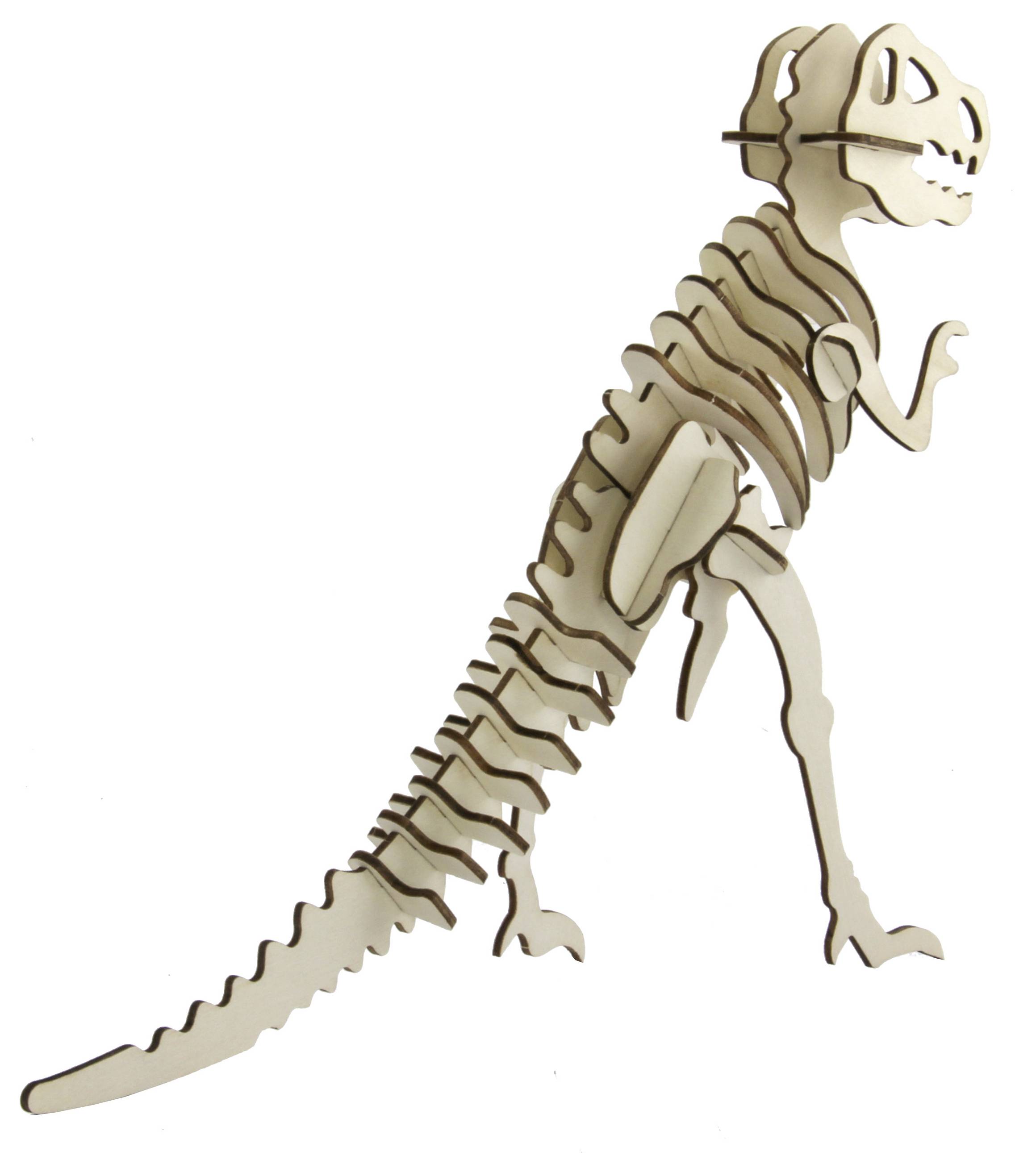 Dřevěný 3D puzzle model kostry dinosaura, zobrazující T-Rex v pohybu, ukazující jeho žeberní koš a dlouhý ocas.
