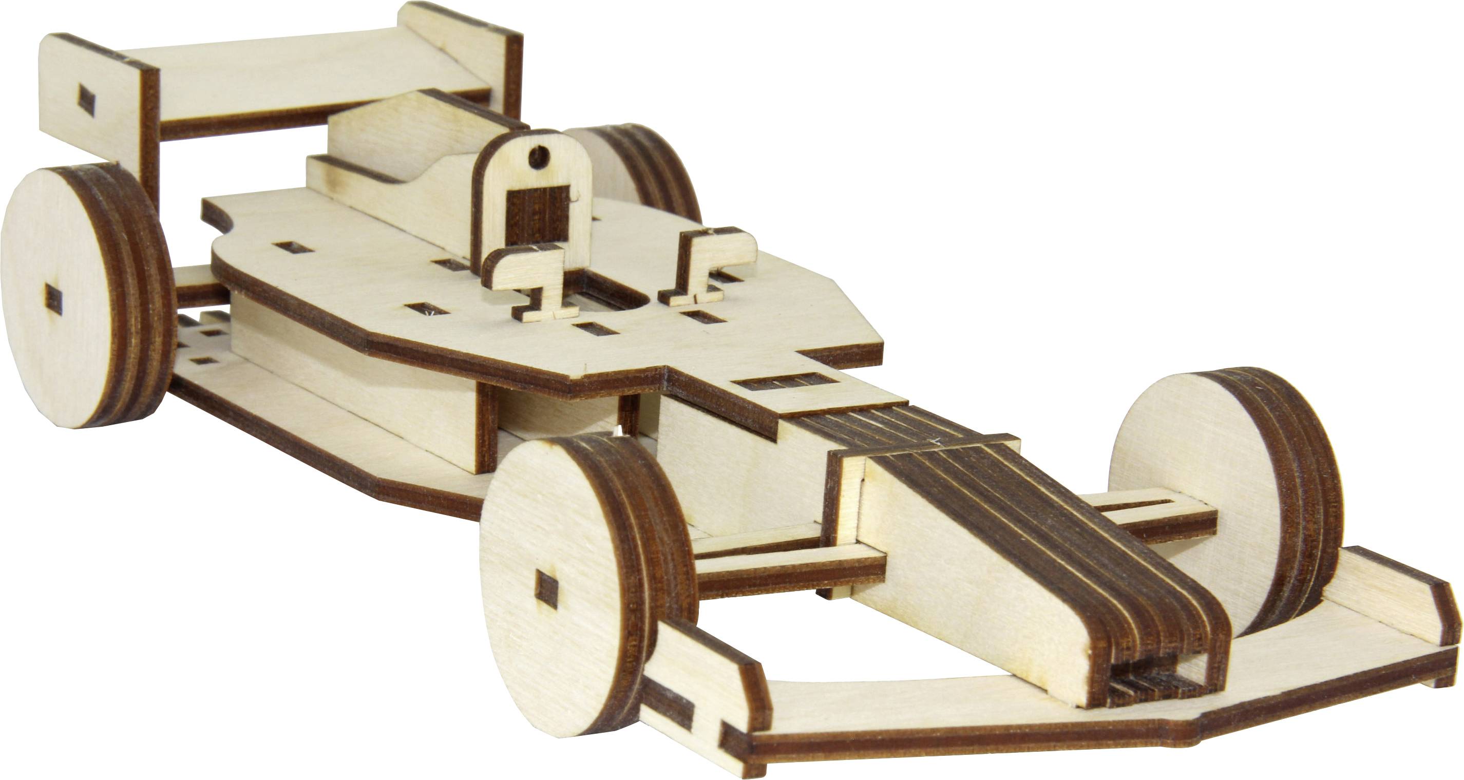 Dřevěný model závodního vozu Formule 1, který ukazuje precizní řemeslné zpracování s viditelnými koly, kokpitem a komponenty aerodynamické struktury.