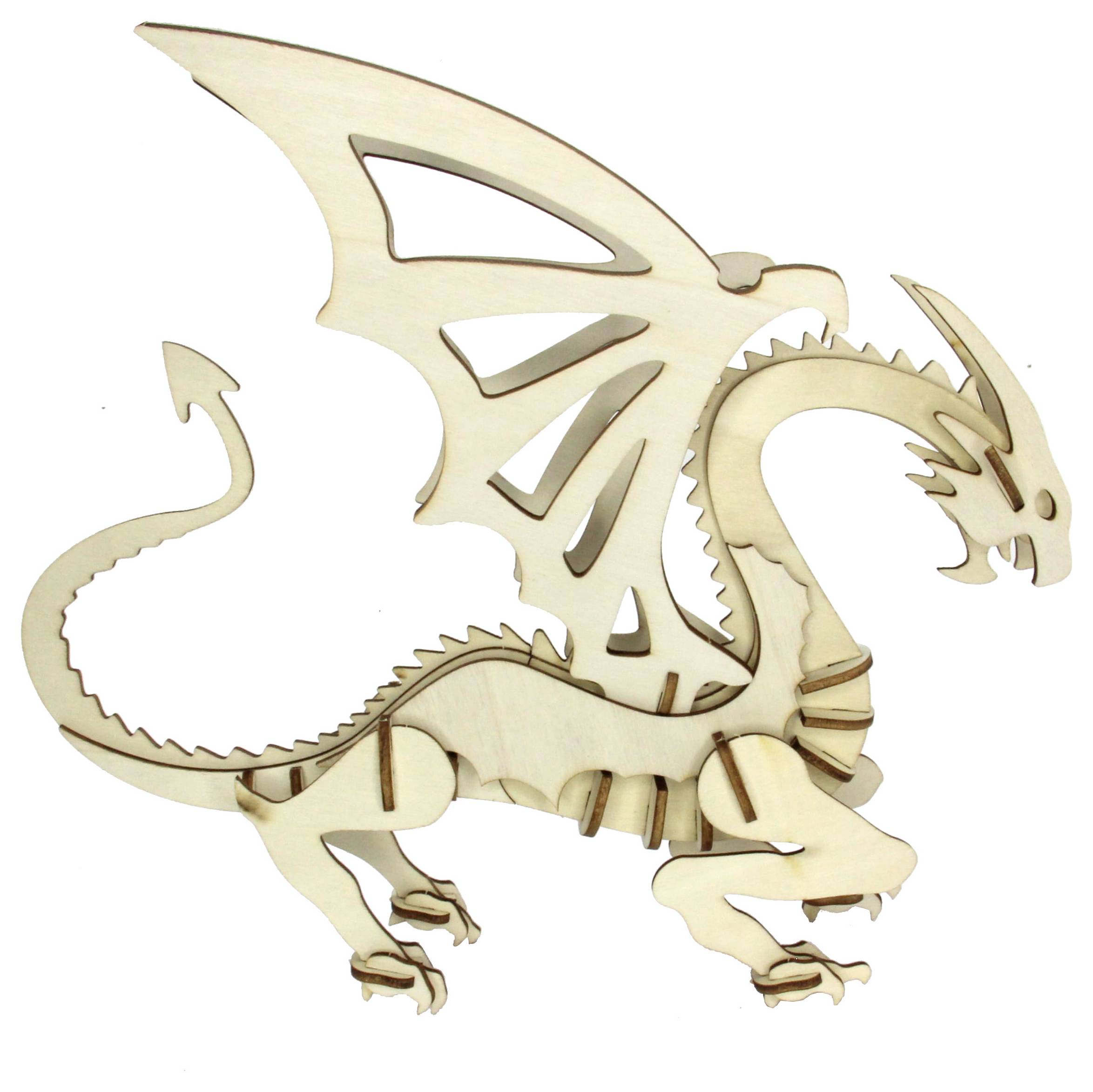 Dřevěný 3D skládací model draka s propracovanými vyřezávanými detaily, s roztaženými křídly a stočeným ocasem.