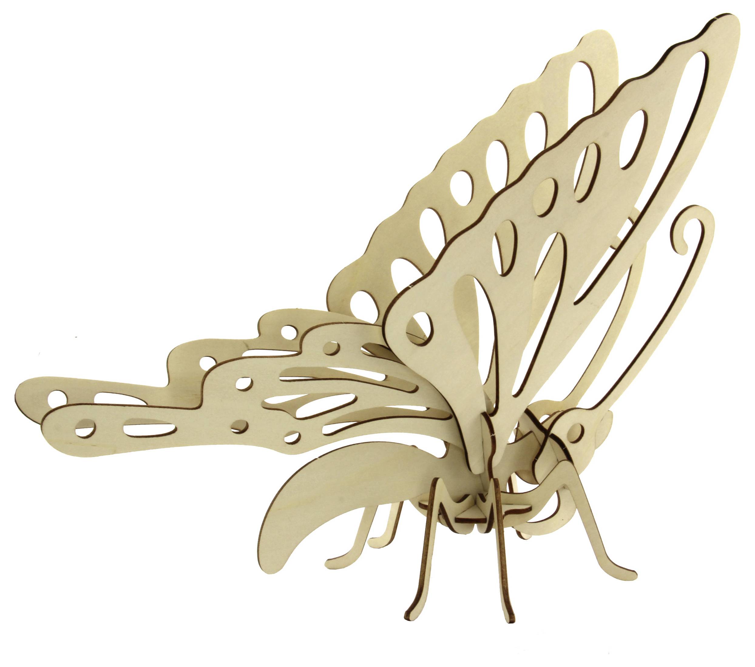 3D dřevěný model motýla s puzzle prvky, s precizně vyřezávanými křídly a tělem, stojící na subtilních nožkách, připomínající živého motýla.